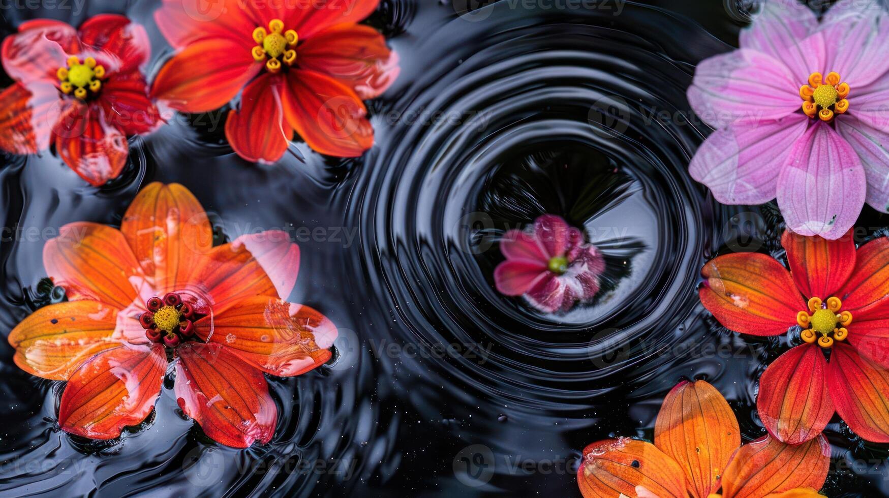 Vibrant flowers floating on the surface of water, creating ripples, with a serene background photo