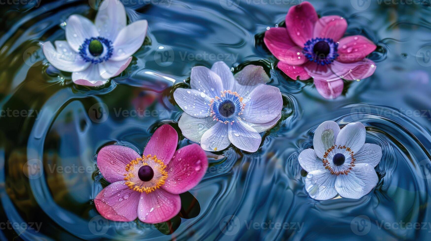 Beautifully arranged colorful flowers floating on a tranquil water surface with gentle ripples photo