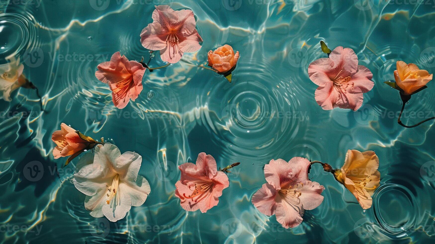 Colorful flowers floating on water surface with ripples, creating a serene and tranquil scene photo