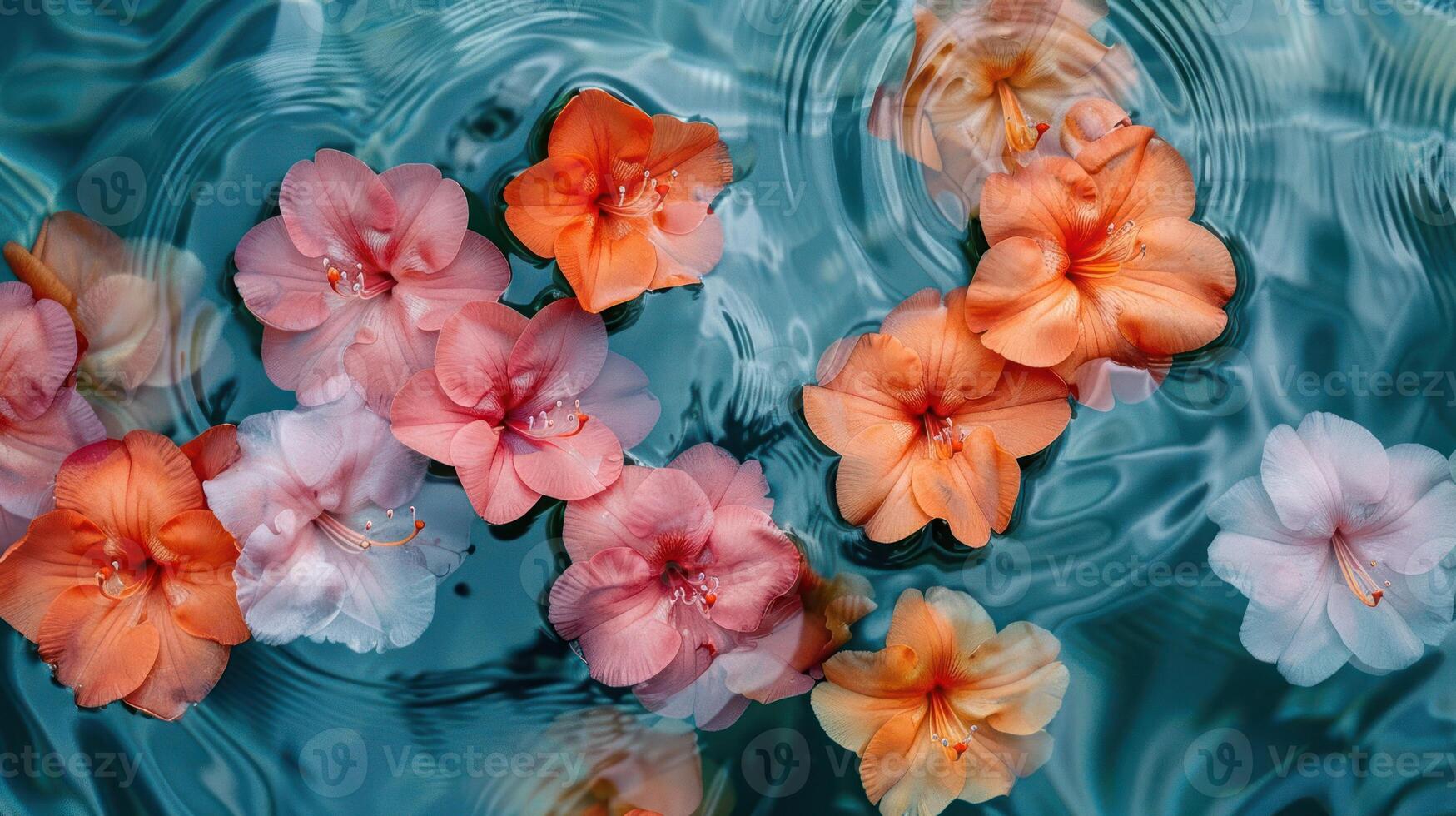 Vibrant assortment of pink and orange flowers floating on tranquil water surface with ripples photo