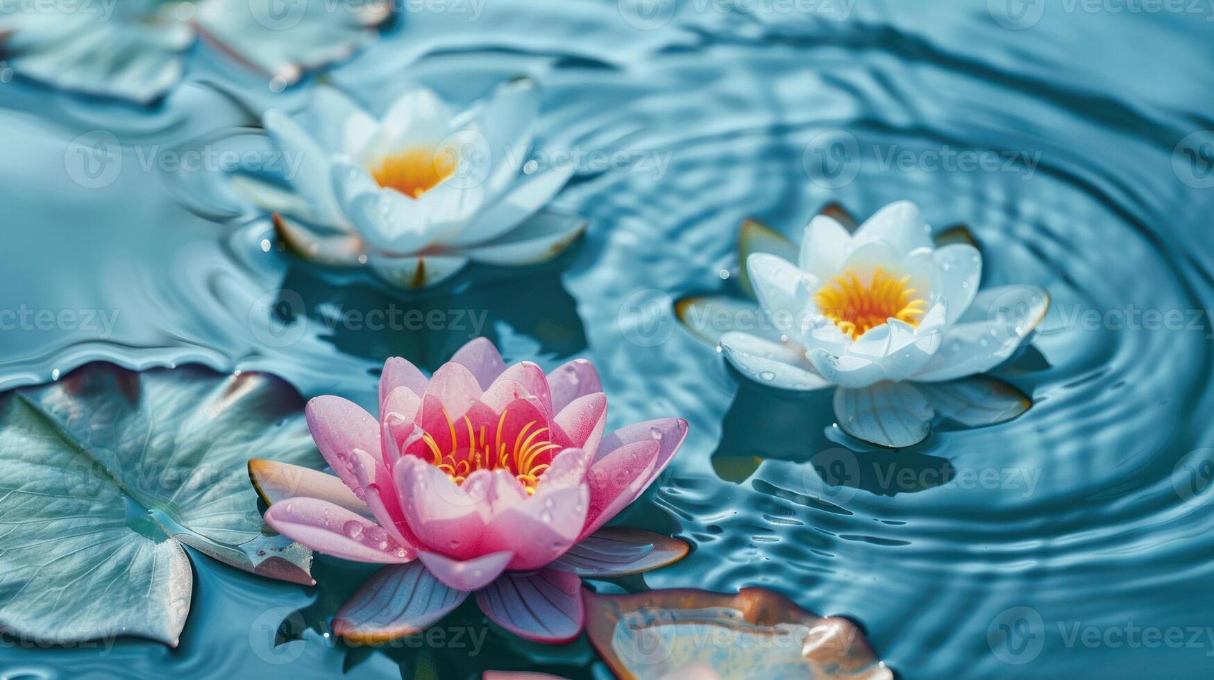Serene water lilies blooming in a tranquil pond, surrounded by gentle ripples and reflections photo