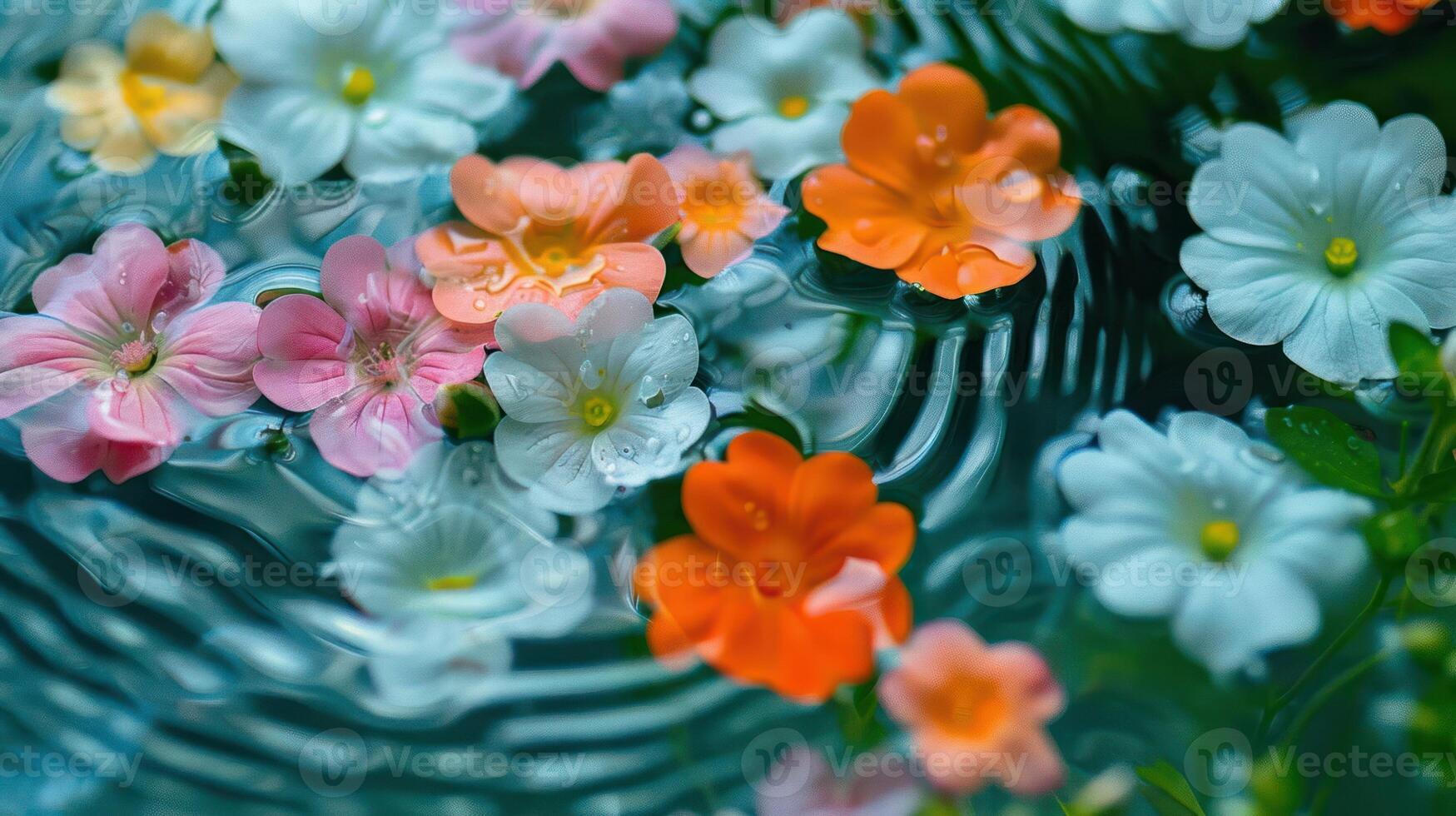 Colorful flowers floating on water surface, creating ripples, with serene natural ambiance photo
