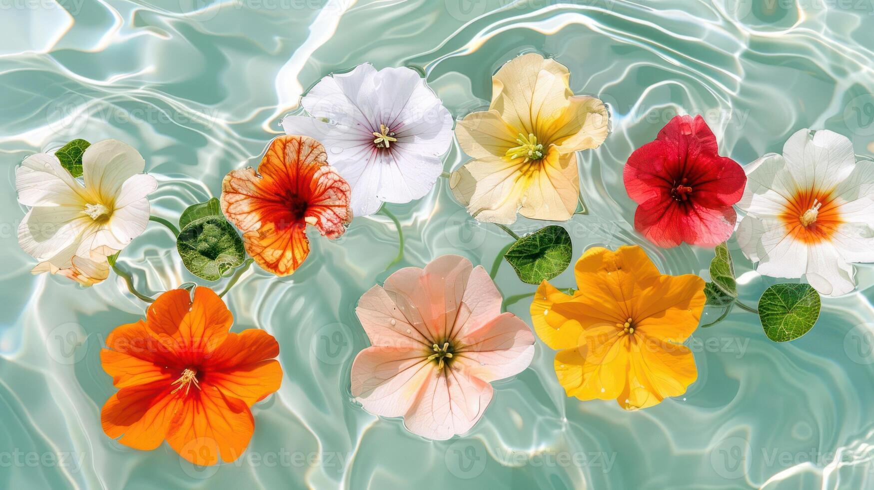 Vibrant assortment of colorful flowers floating on a shimmering water surface, creating a serene backdrop photo