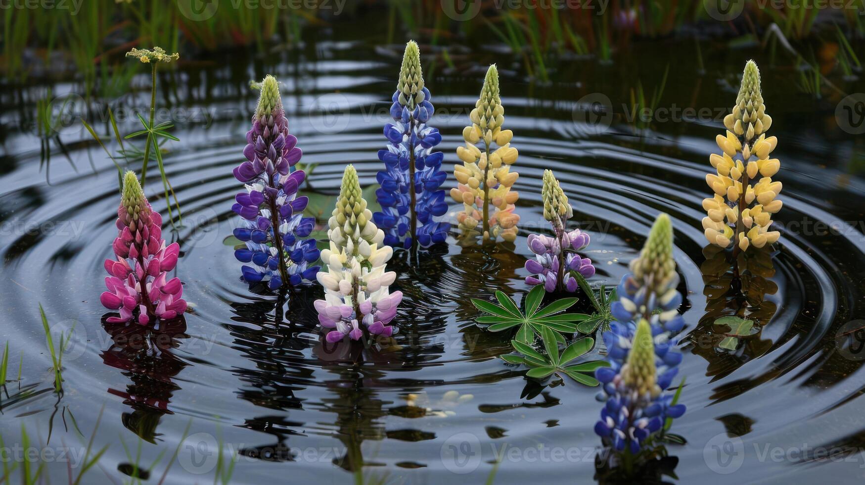 Colorful lupine flowers rising from a serene pond, creating ripples in a tranquil natural setting photo