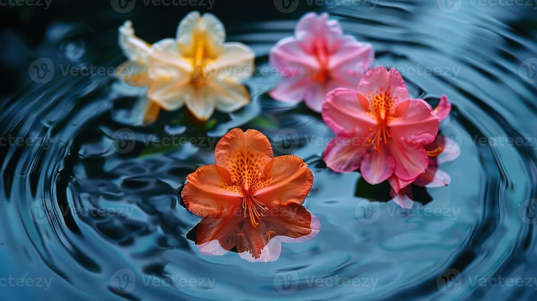 Vibrant flowers floating serenely on water surface with gentle ripples, creating a tranquil scene photo
