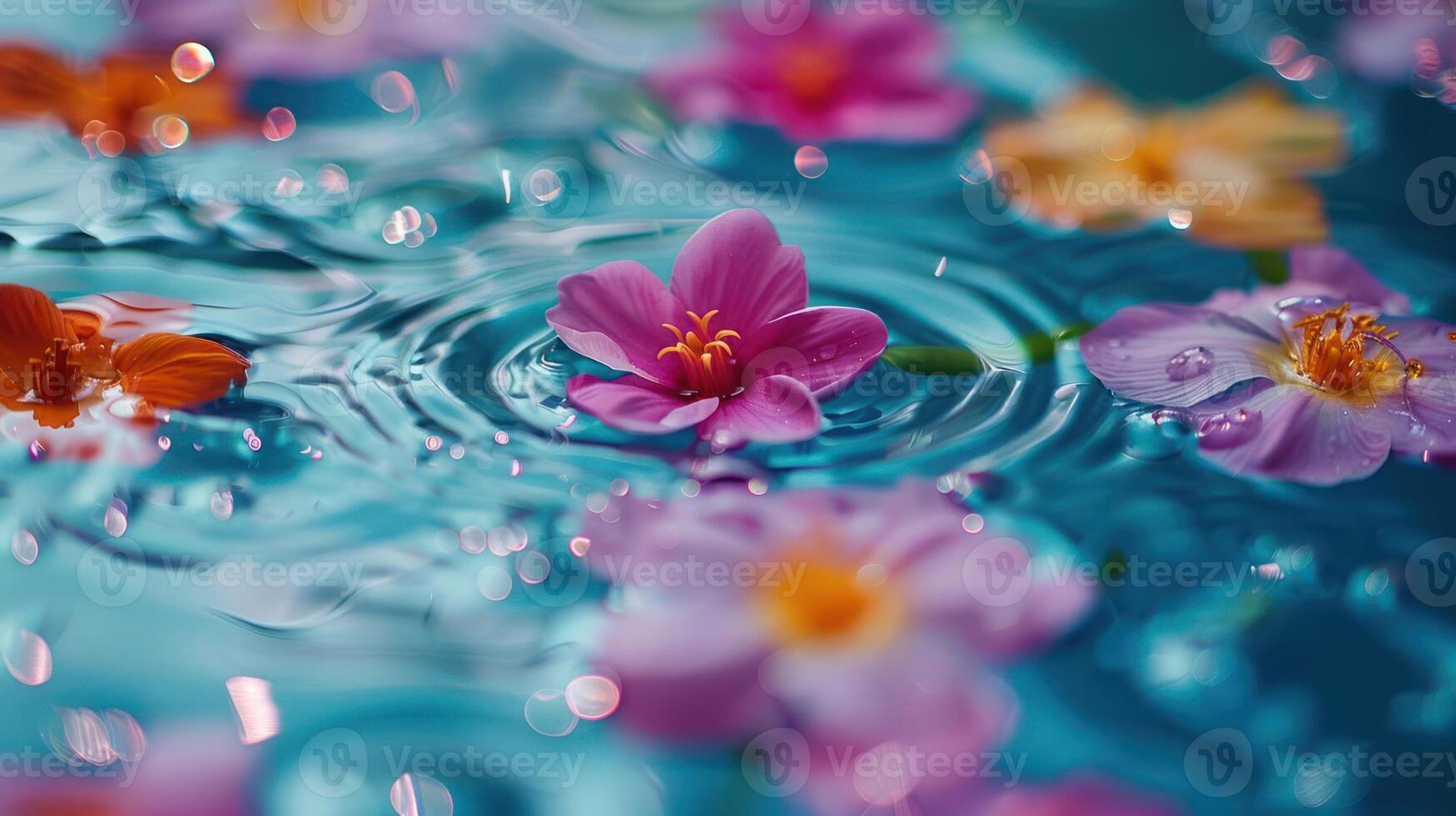 Colorful flowers floating on water surface with ripples, creating a serene and vibrant atmosphere photo