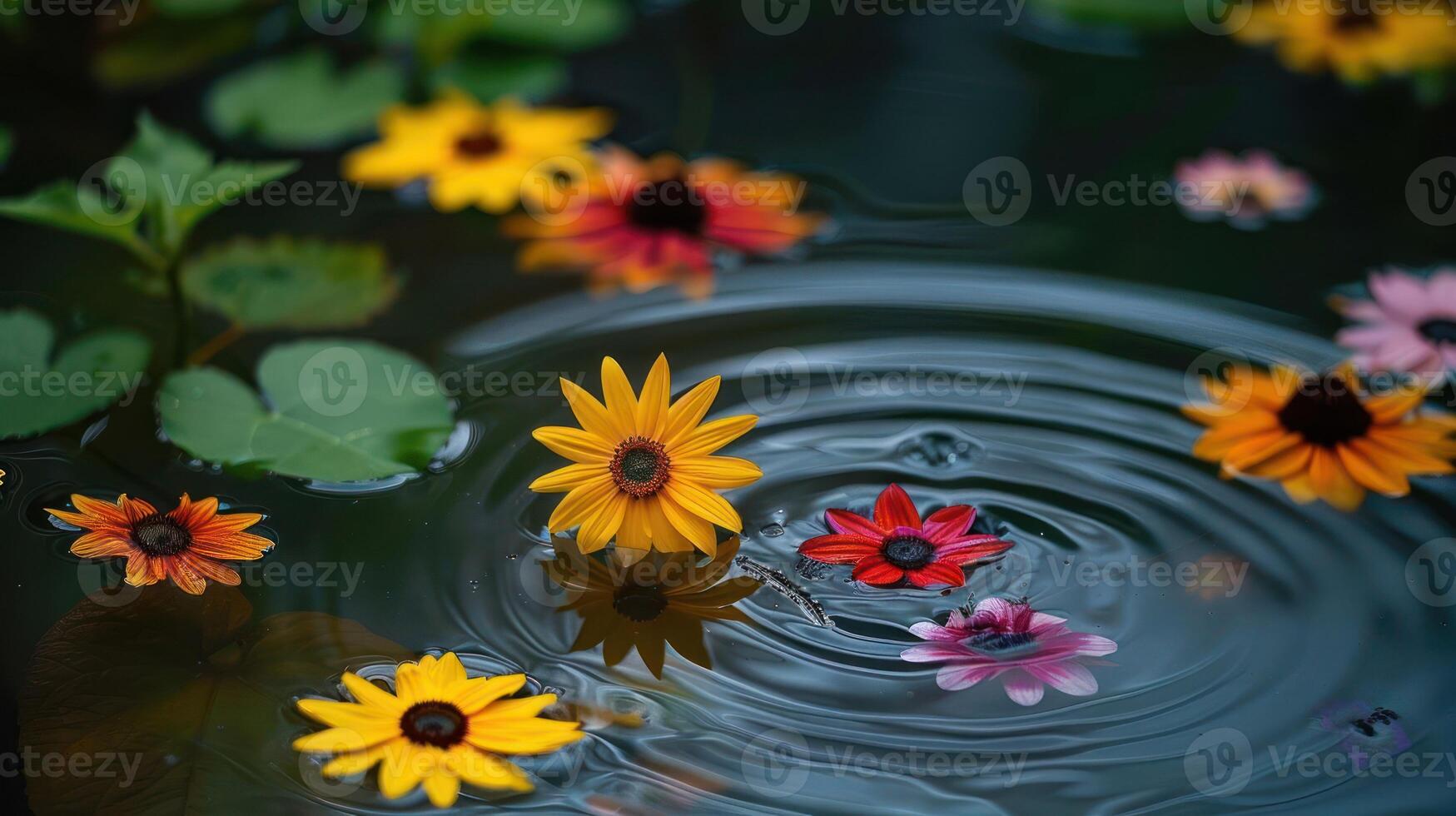 Vibrant flowers floating on a serene pond, creating ripples in the water, surrounded by lush greenery photo