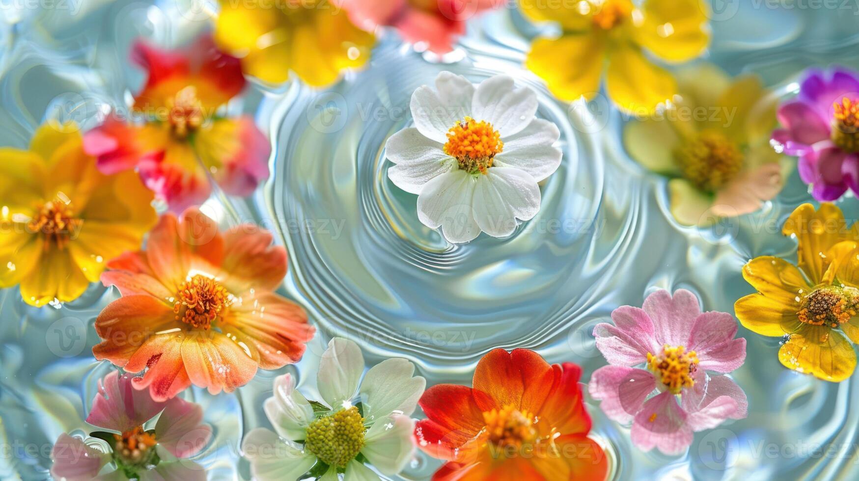 Vibrant assortment of colorful flowers floating on water with gentle ripples in serene setting photo