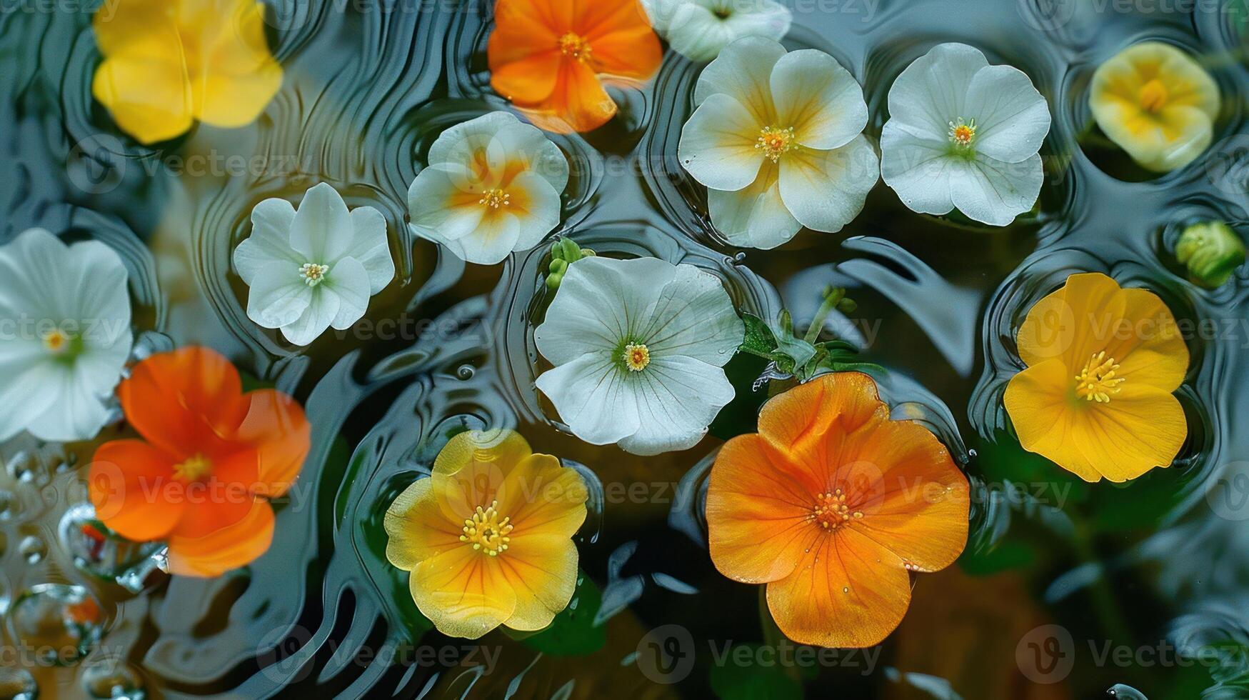 Colorful flowers floating on water surface, creating a serene natural scene with reflections photo