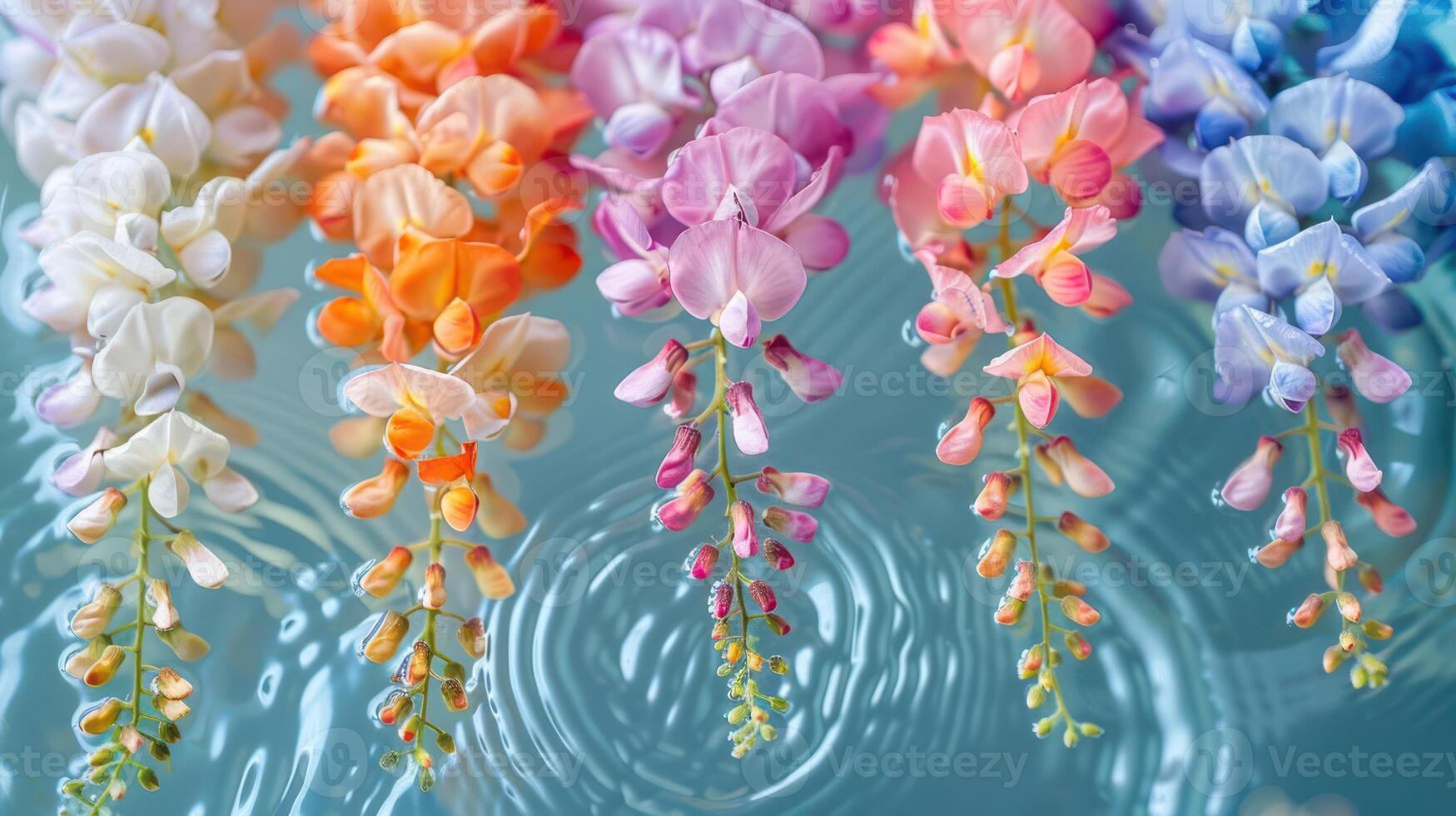 Colorful cascade of flowers floating on water, creating ripples, serene nature scene photo
