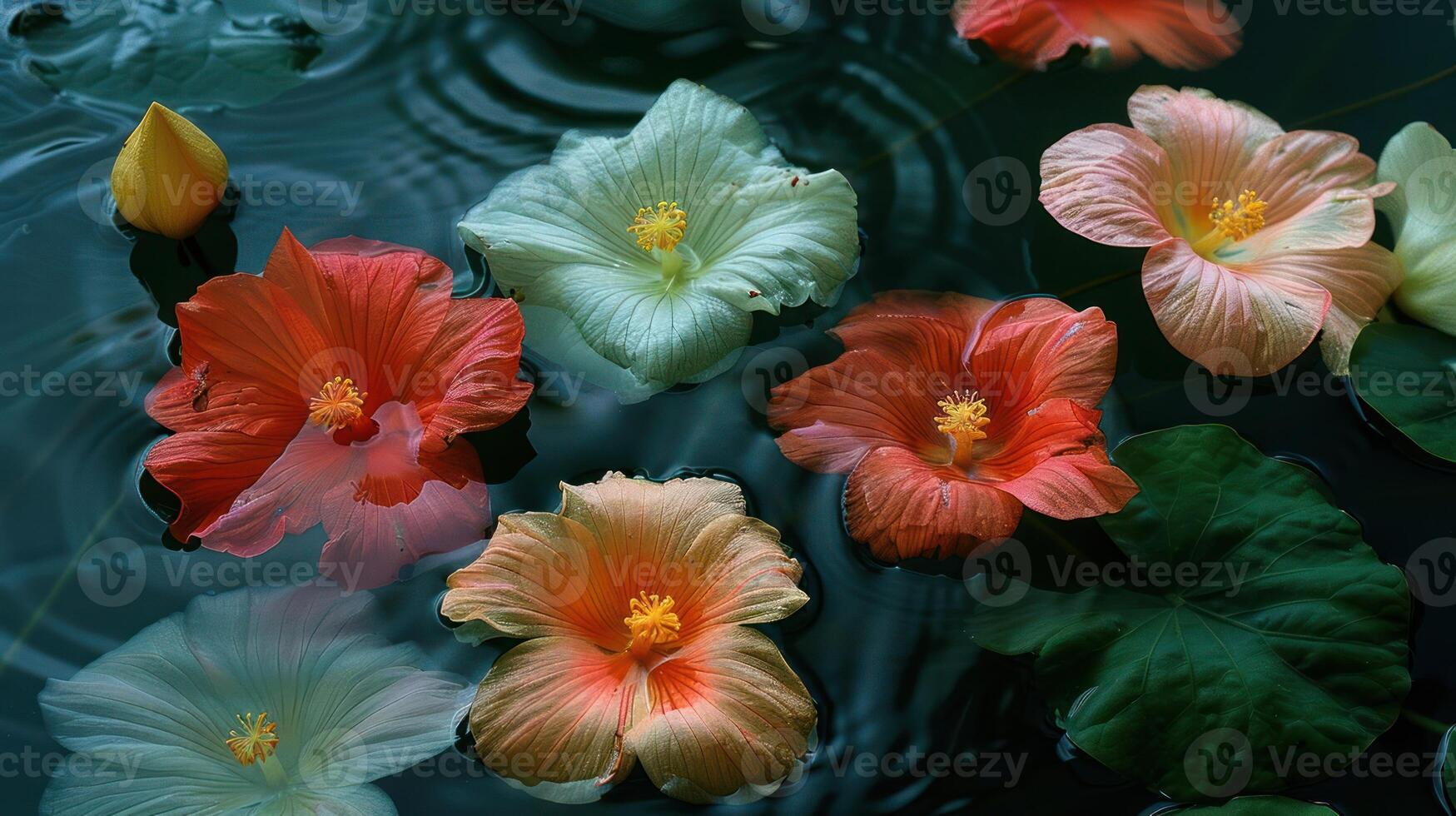 Vibrant hibiscus flowers floating on tranquil water surface, surrounded by lush green leaves photo