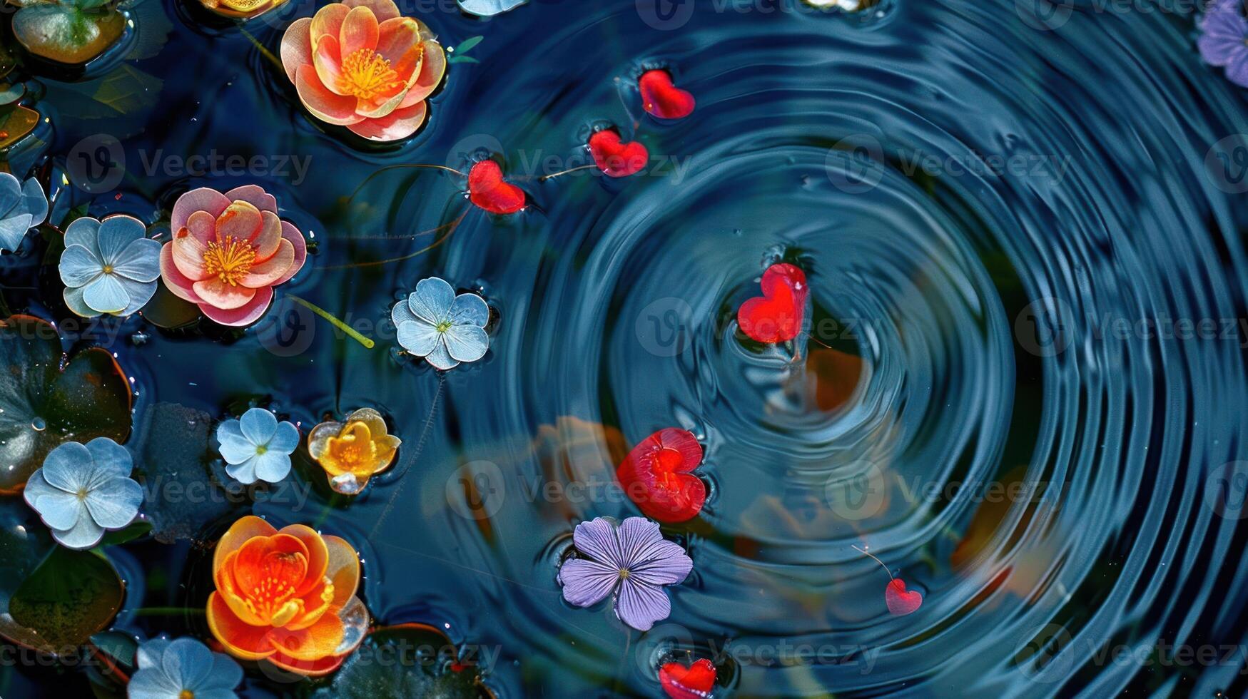 Vibrant flowers floating on tranquil water creating ripples, surrounded by a serene natural setting photo