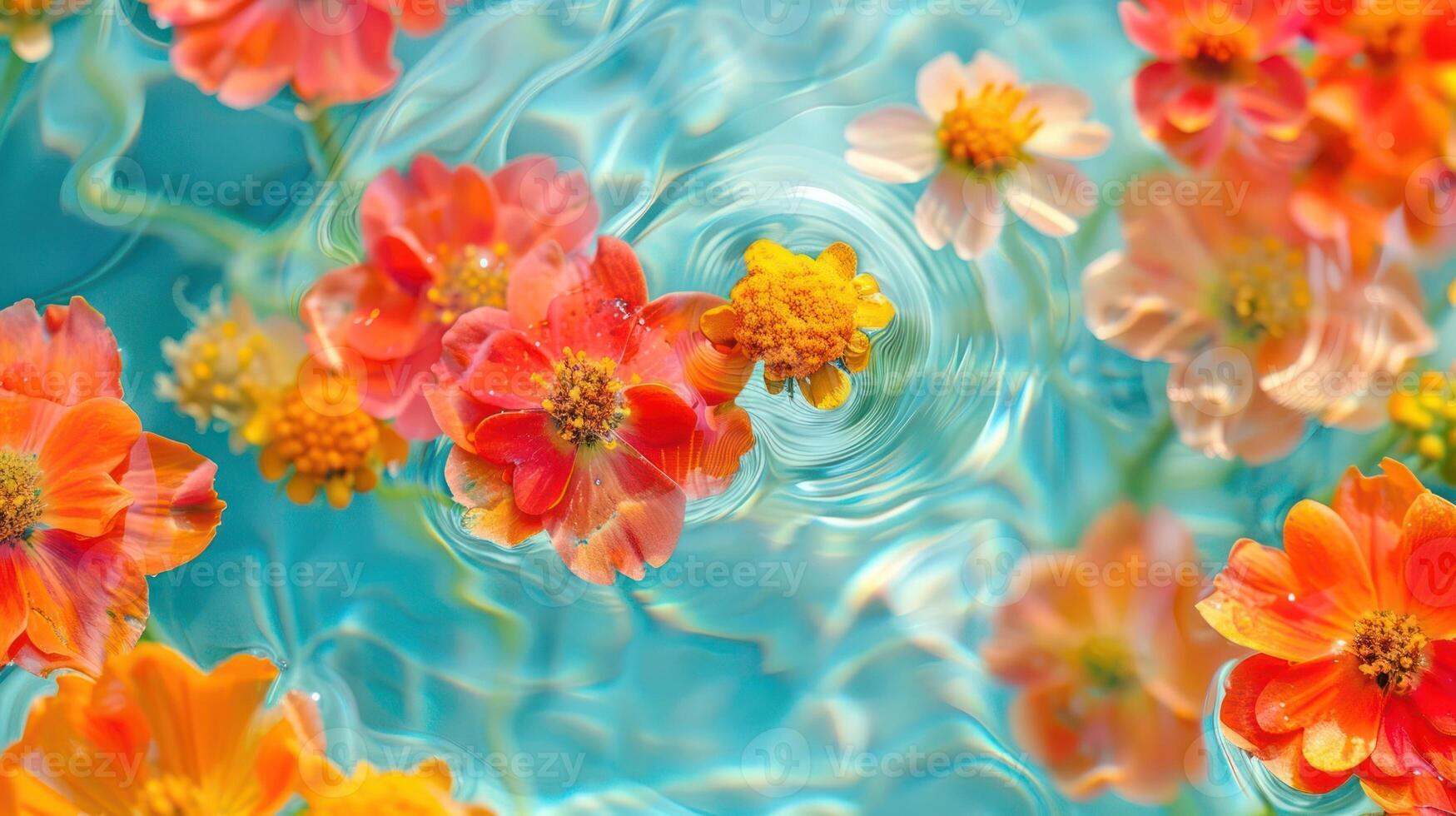Vibrant floral composition with colorful blossoms floating on a tranquil water surface photo