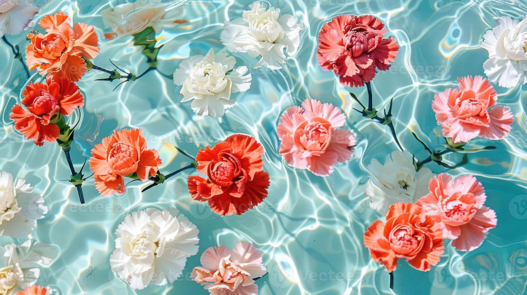Vibrant flowers floating serenely on a shimmering turquoise pool, creating a tranquil atmosphere photo