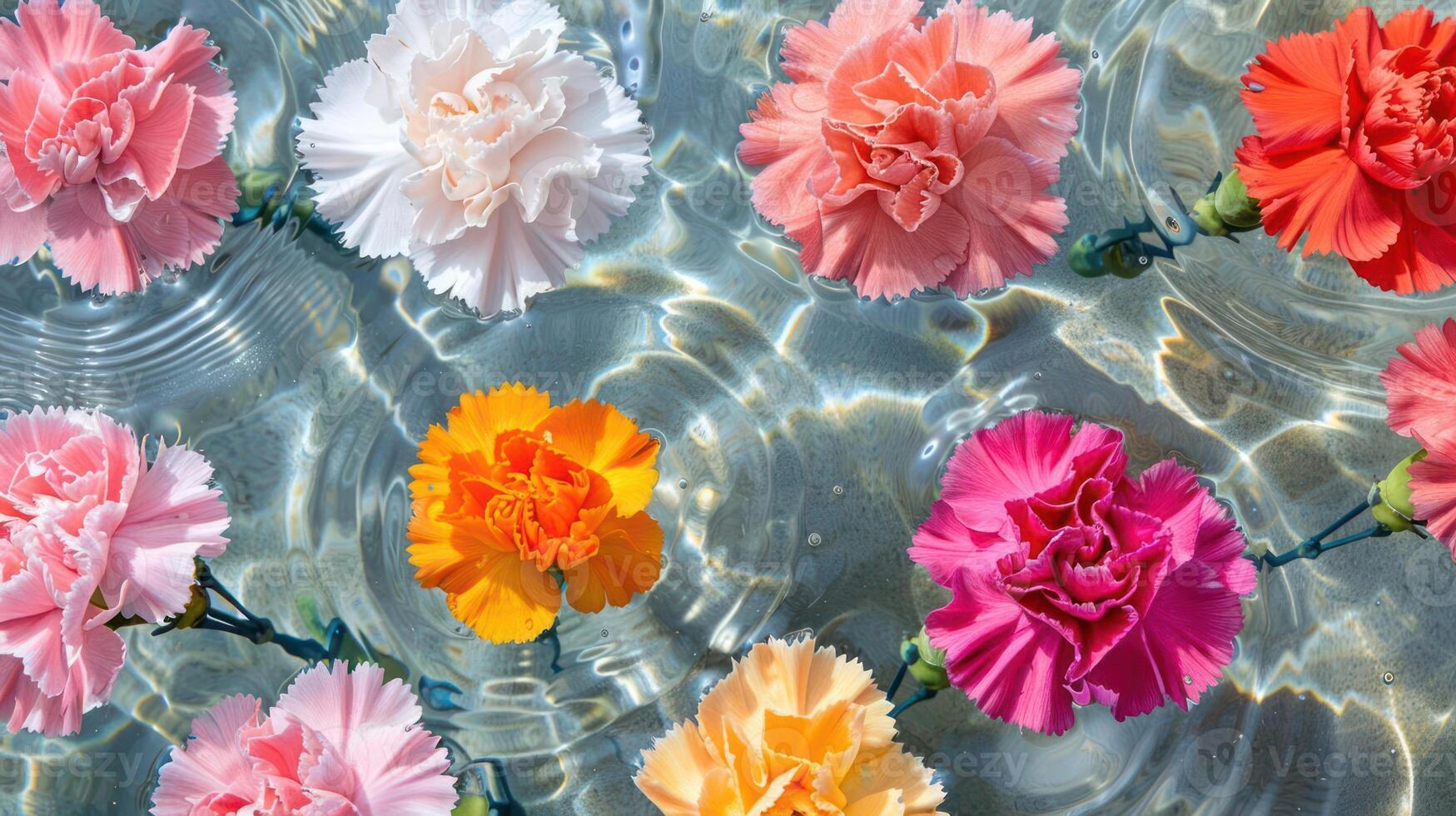 Colorful Carnations Floating in Clear Water with Gentle Ripples and Natural Light Reflections photo