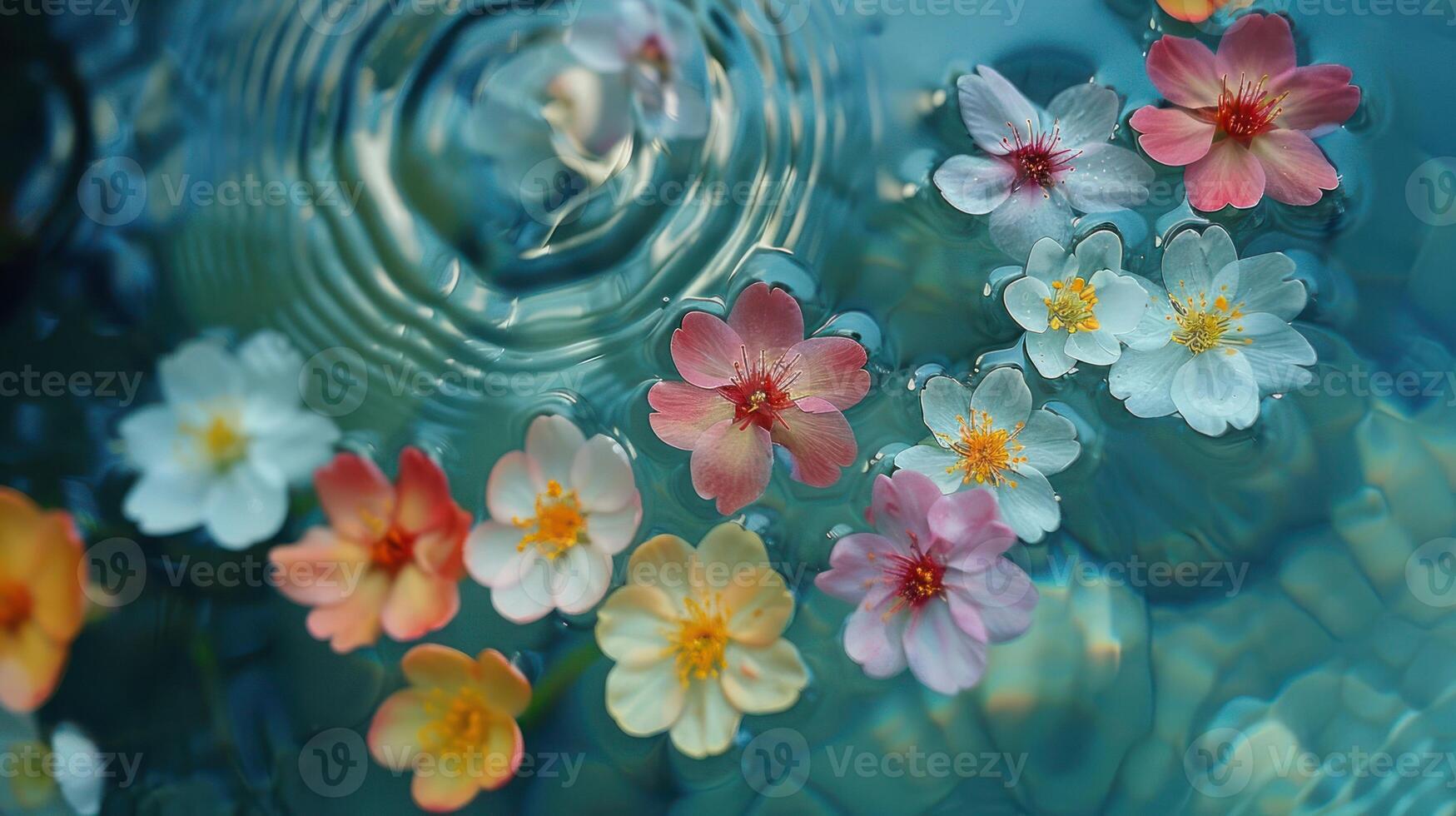 Colorful flowers floating on water surface, creating ripples, with serene blue background photo