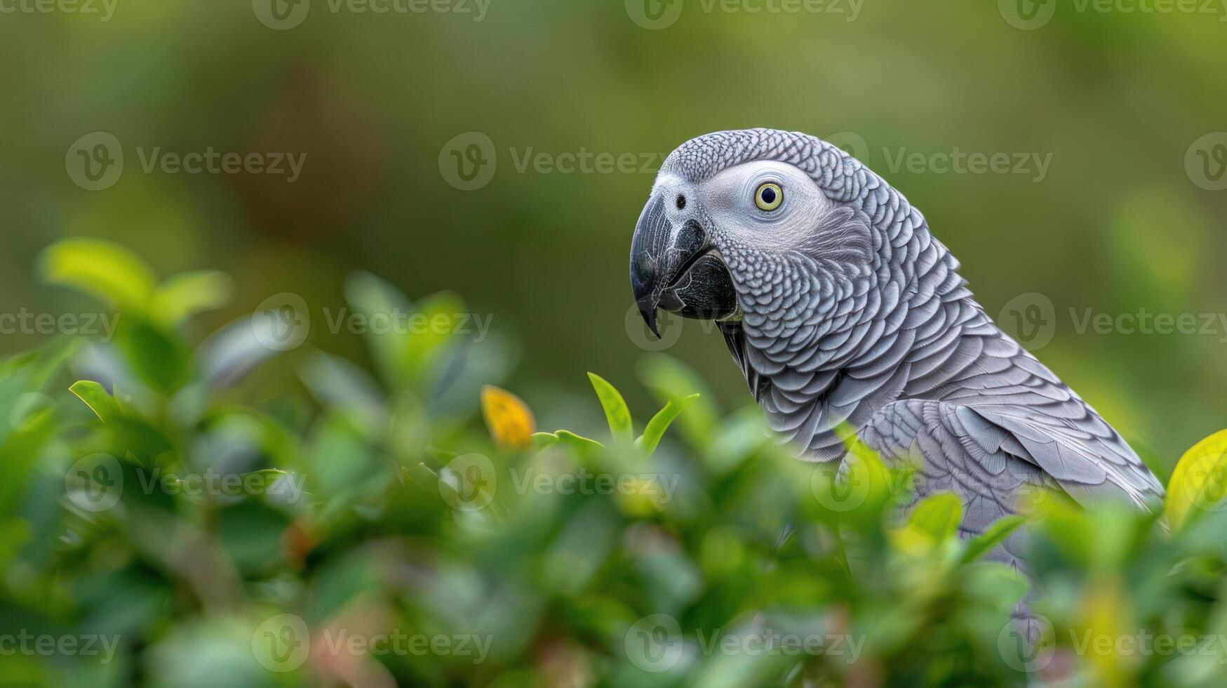 Grey parrot perched among lush greenery, showcasing vibrant feathers in a natural setting photo