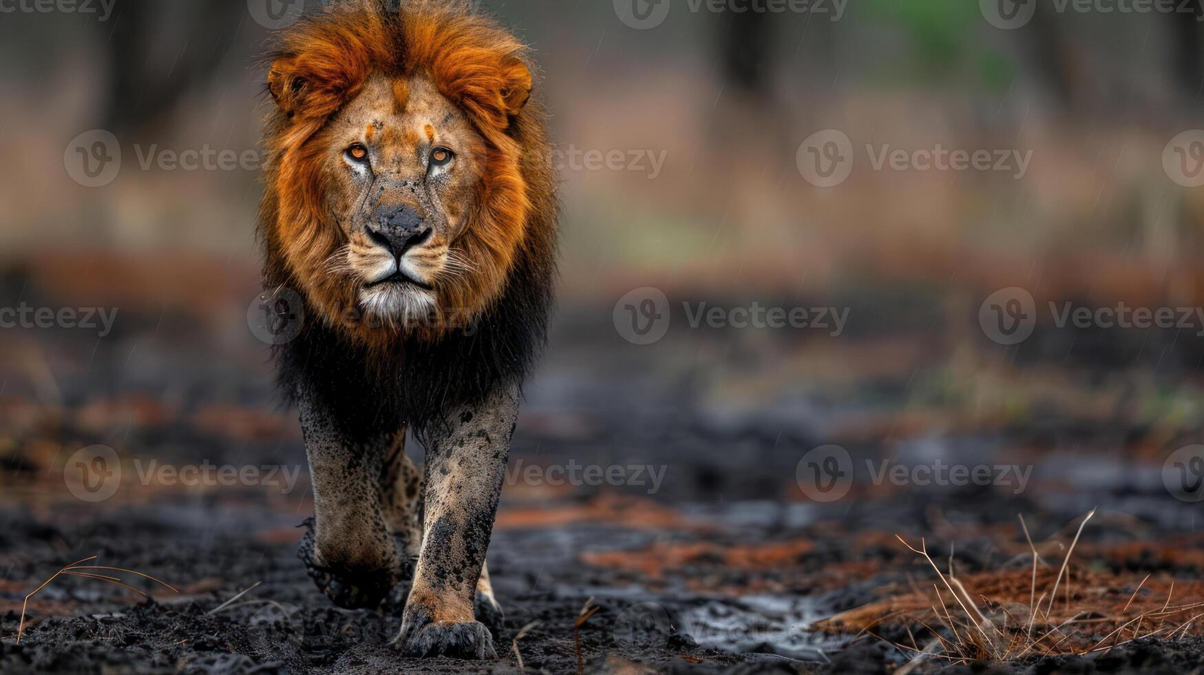 Majestic lion walking through a muddy landscape in the wild, showcasing its powerful presence photo