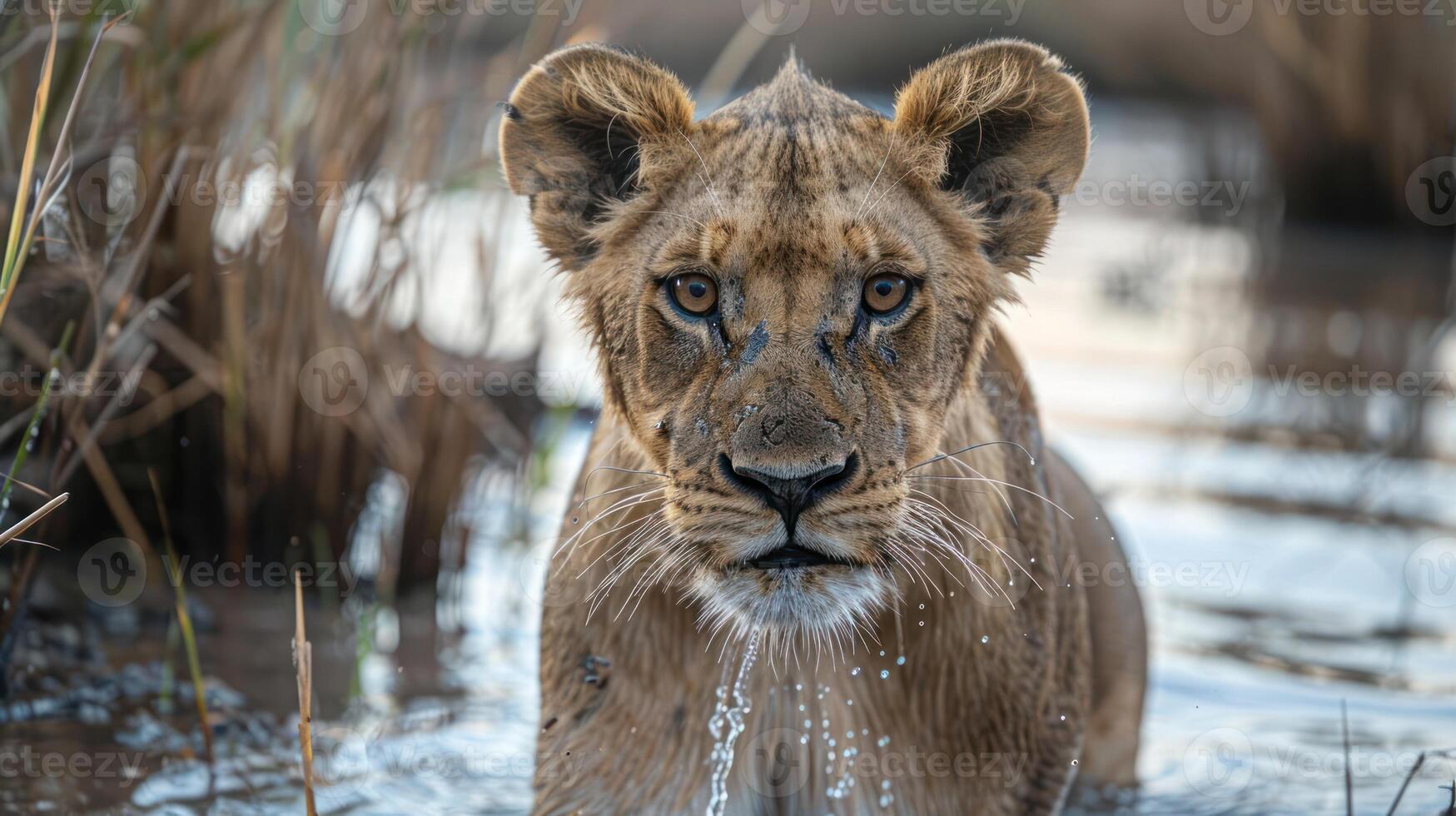 Majestic lioness emerging from water in serene natural habitat, surrounded by tall grass photo