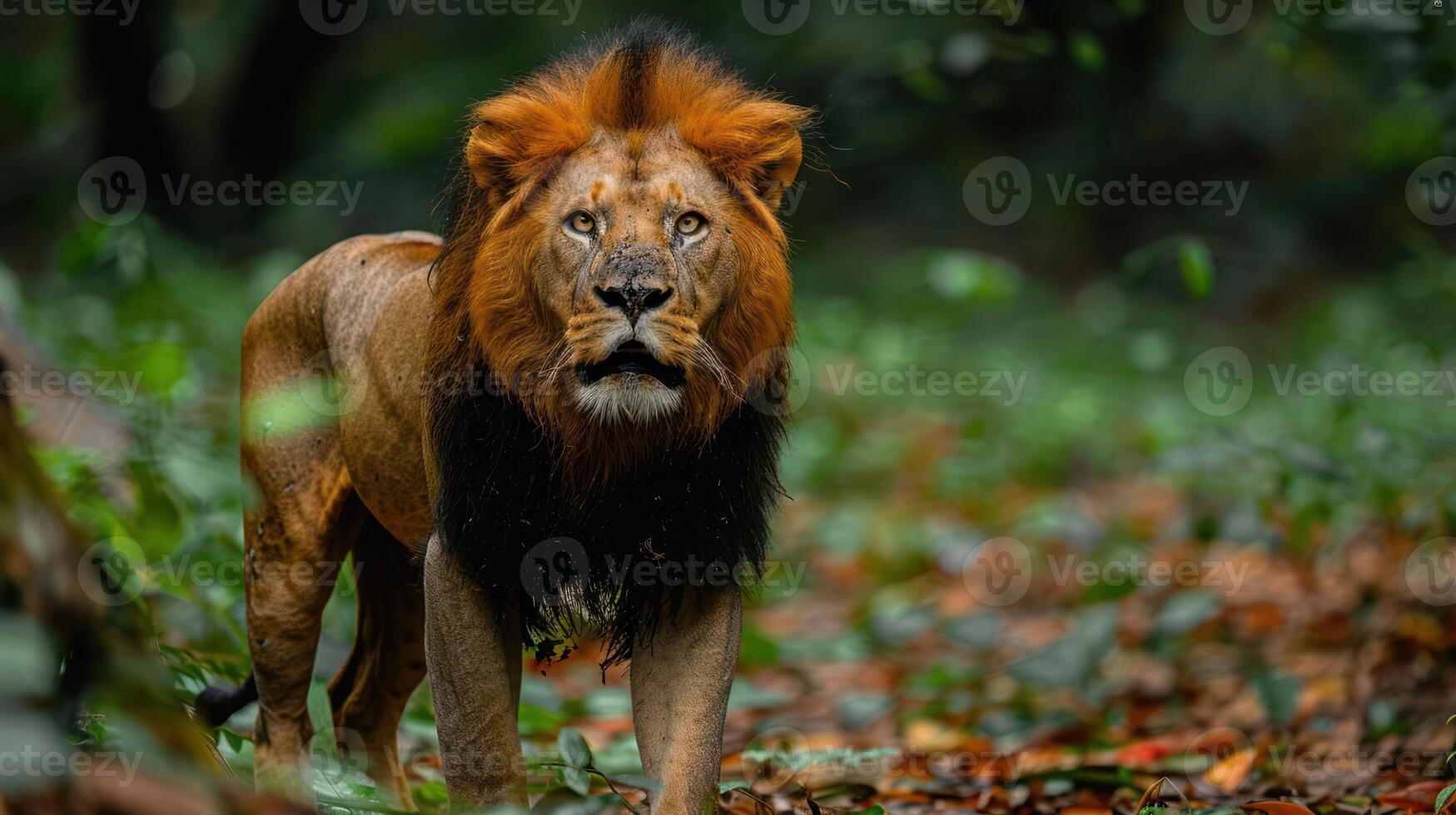 Majestic lion walking through a lush forest, surrounded by greenery and fallen leaves photo