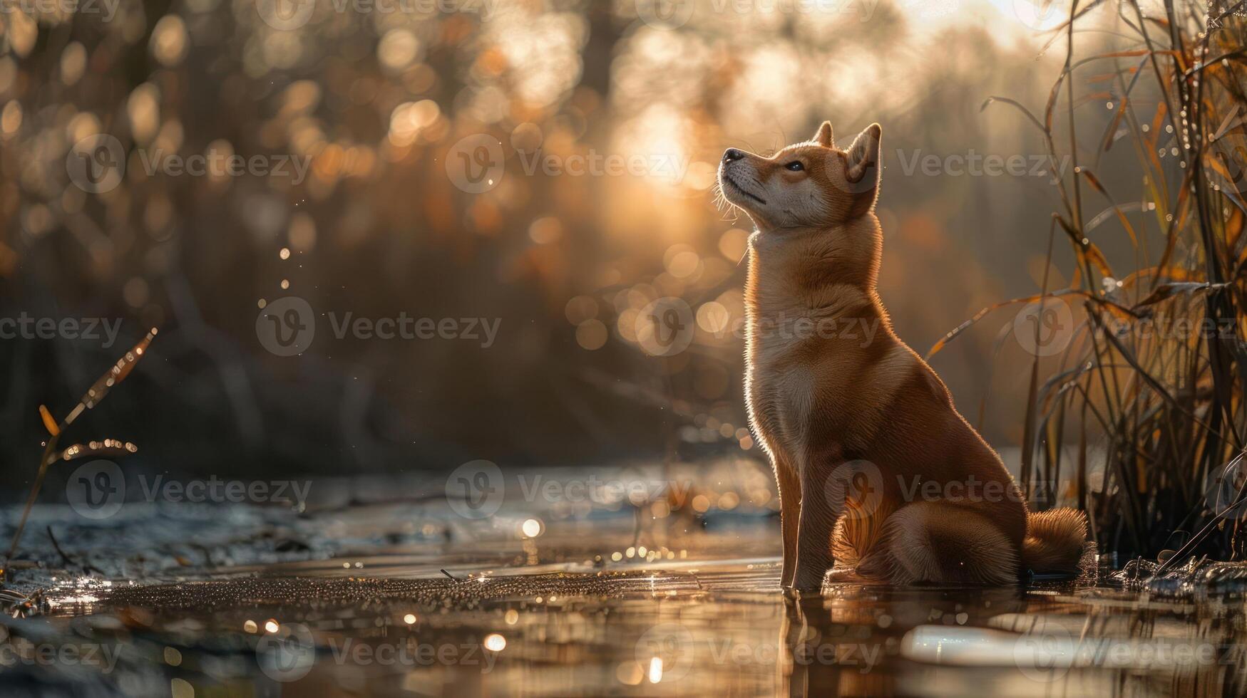 Serene Shiba Inu Sitting in Shallow Water at Sunset Surrounded by Nature's Beauty photo