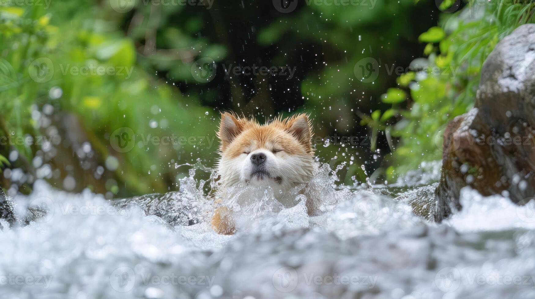 Dog joyfully splashing in a stream surrounded by lush greenery and flowing water photo