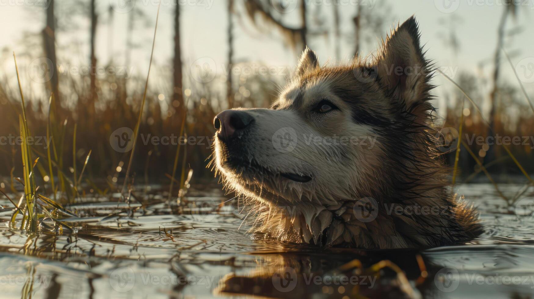 A serene husky swimming in a tranquil wetland at sunset, surrounded by tall grasses and trees photo