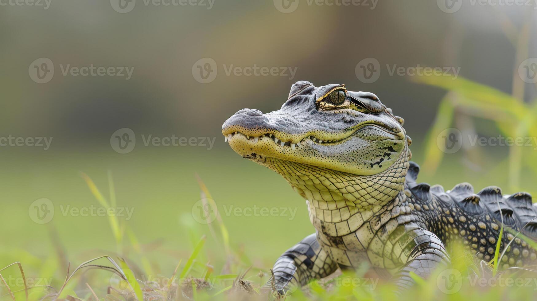 Close-up of a young crocodile resting on green grass in a natural setting, surrounded by soft foliage photo