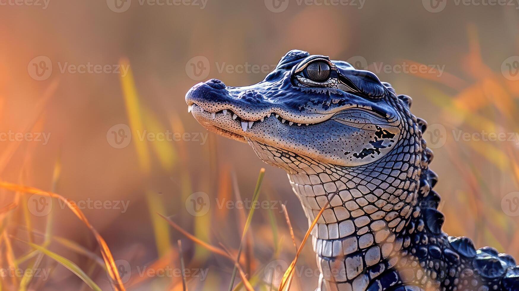 Close-up of a crocodile in a natural habitat, surrounded by tall grass at sunset photo