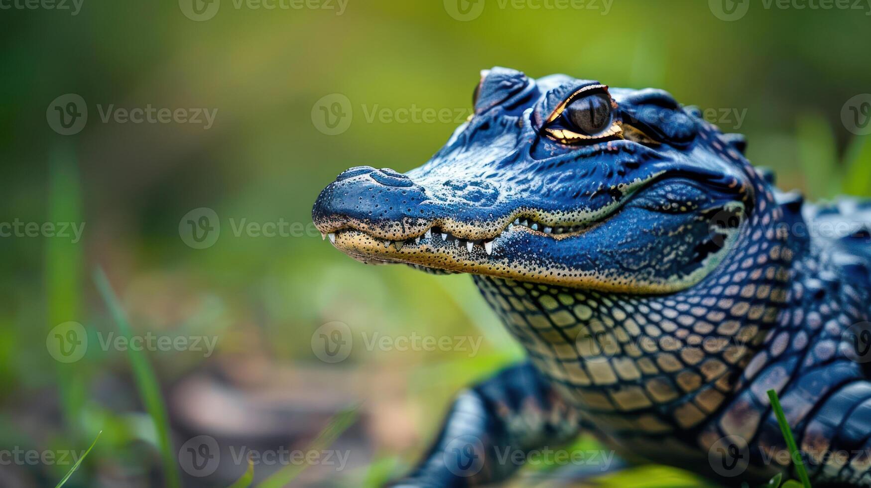 Close-up of a vibrant alligator resting on grass in a lush environment, showcasing intricate textures photo