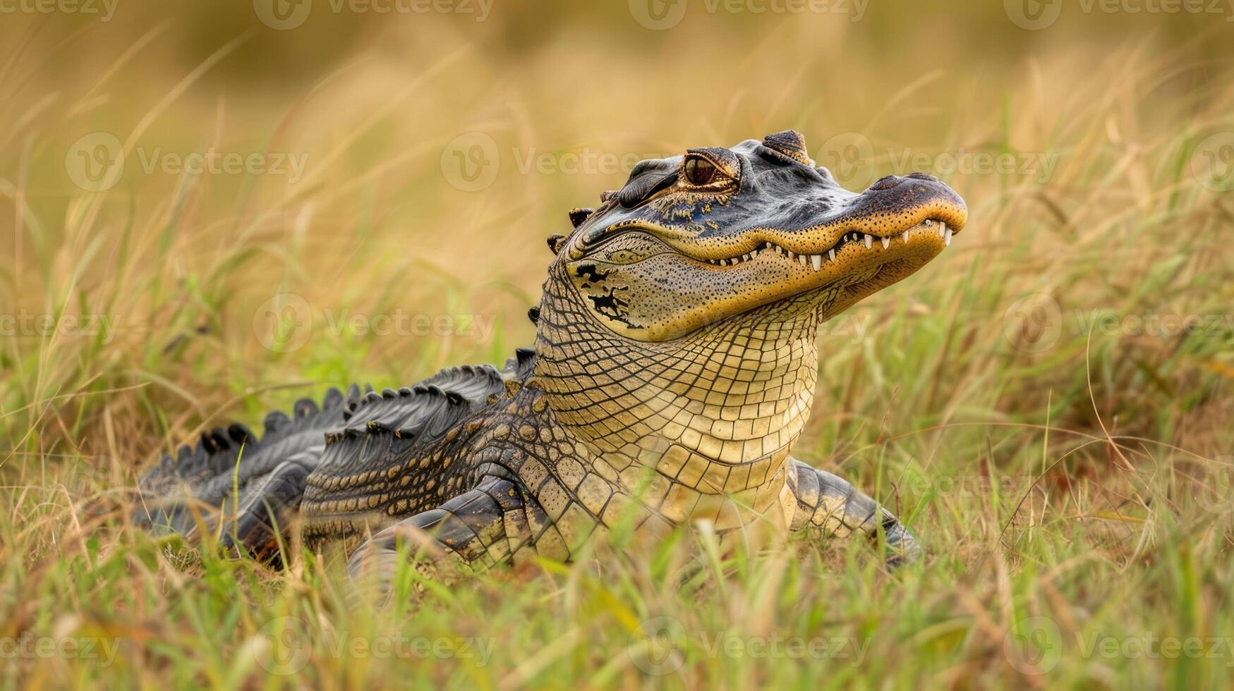 A crocodile basking in the sun on a grassy bank near a serene water body, surrounded by nature photo