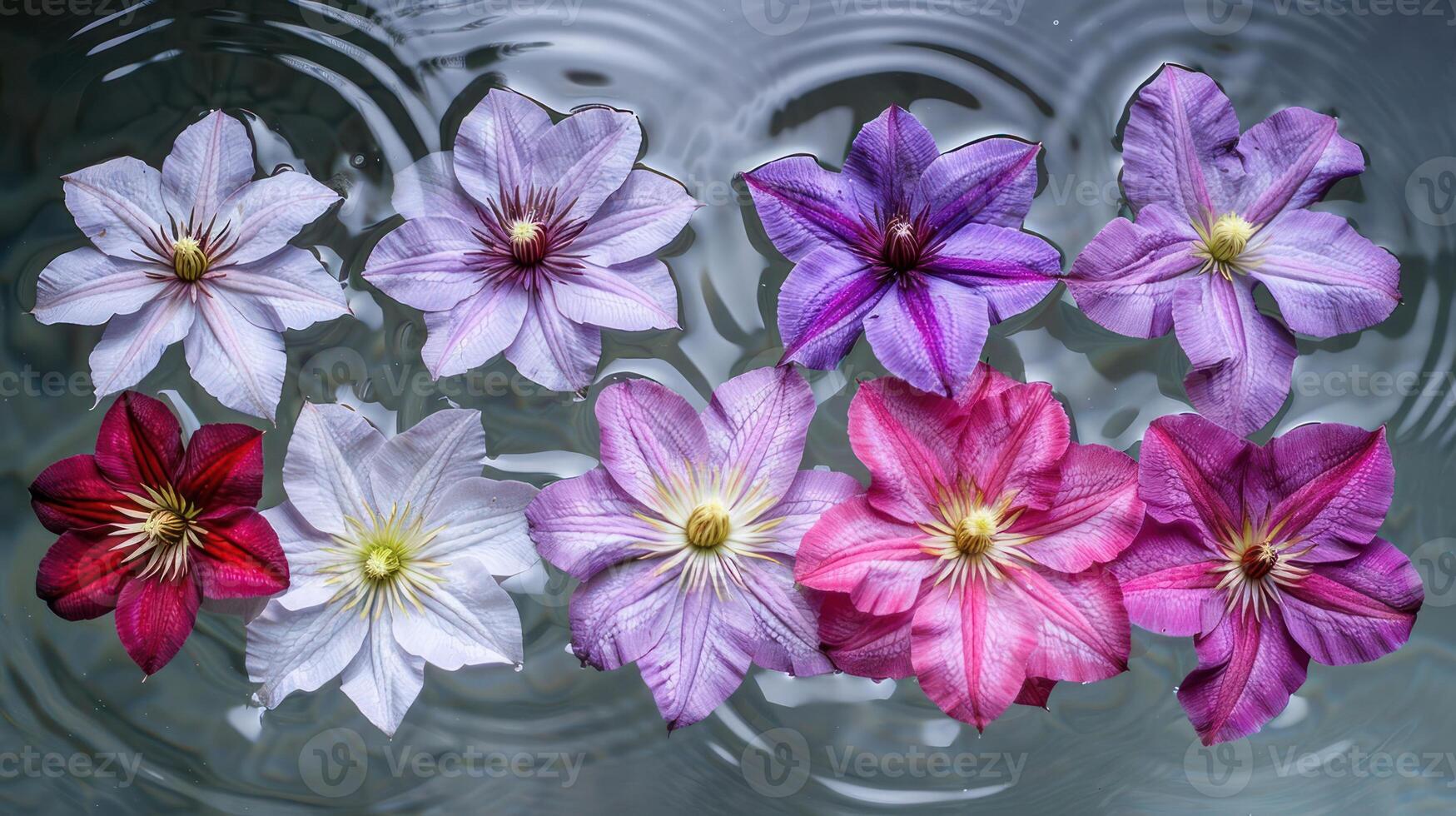 Vibrant assortment of colorful flowers floating on water surface with ripples, serene atmosphere photo