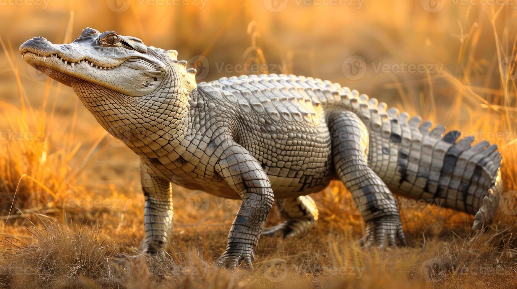 A realistic crocodile model standing on dry grass in a golden sunset, showcasing its intricate details photo