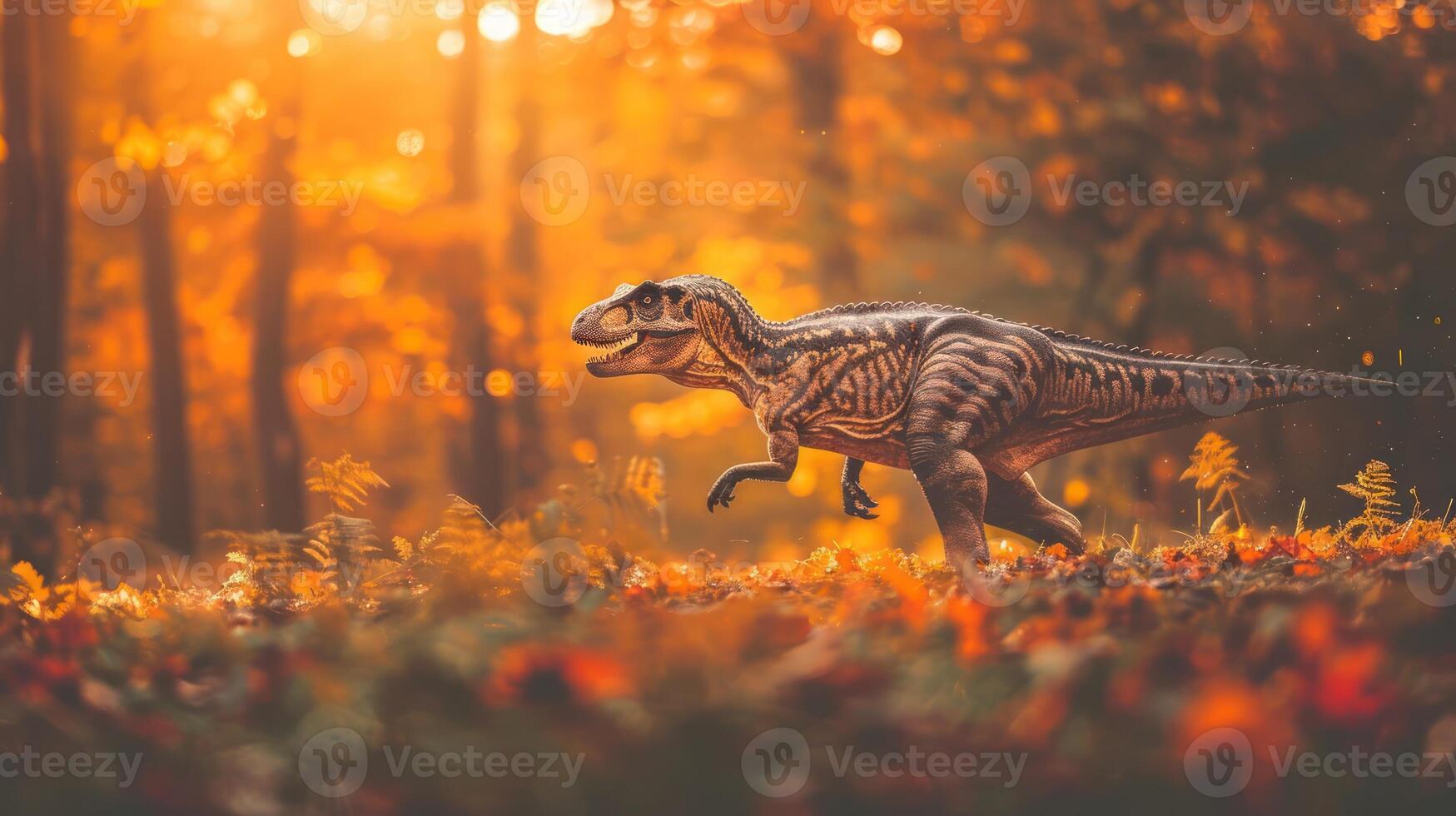 A dinosaur running through a vibrant autumn forest filled with colorful leaves and sunlight photo