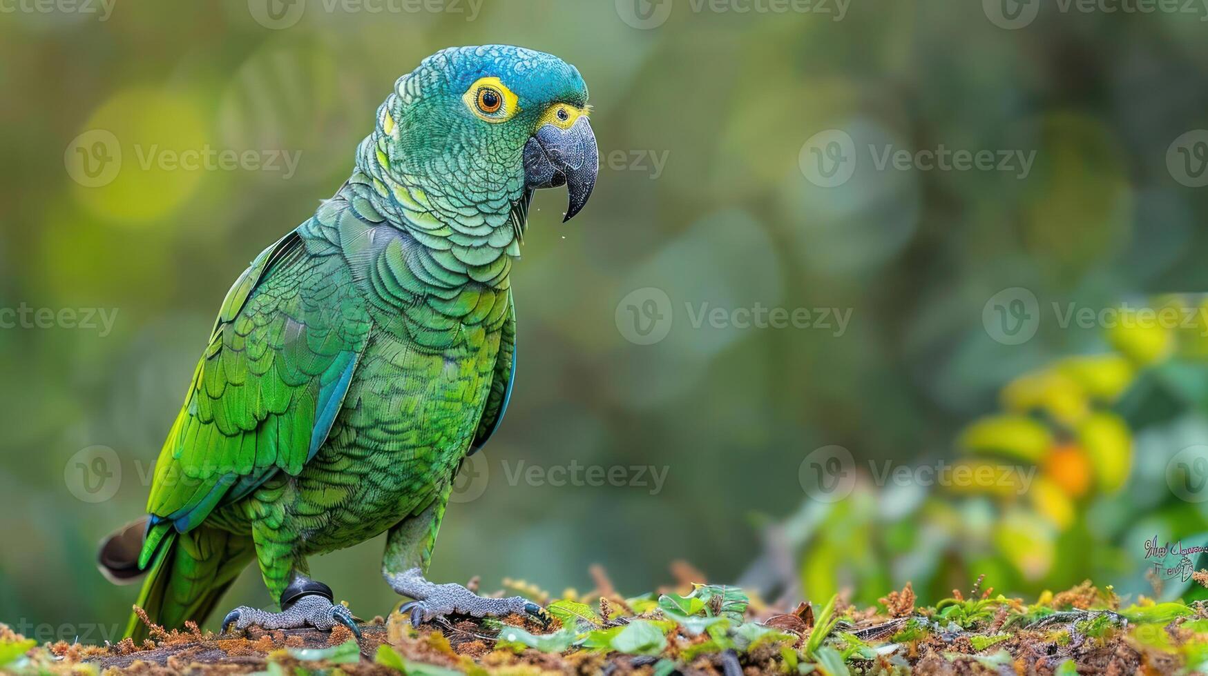 Vibrant green parrot perched on mossy ground, surrounded by lush foliage in a vibrant forest photo