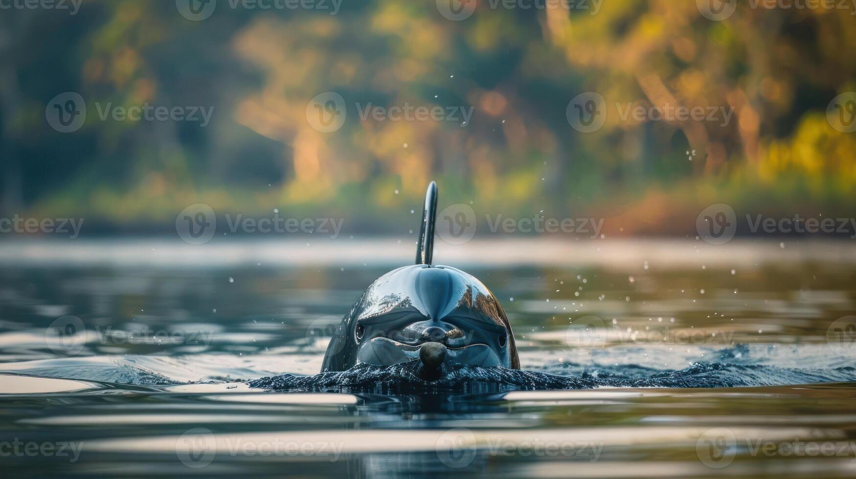A serene moment of a dolphin swimming gracefully in calm waters, surrounded by lush greenery photo