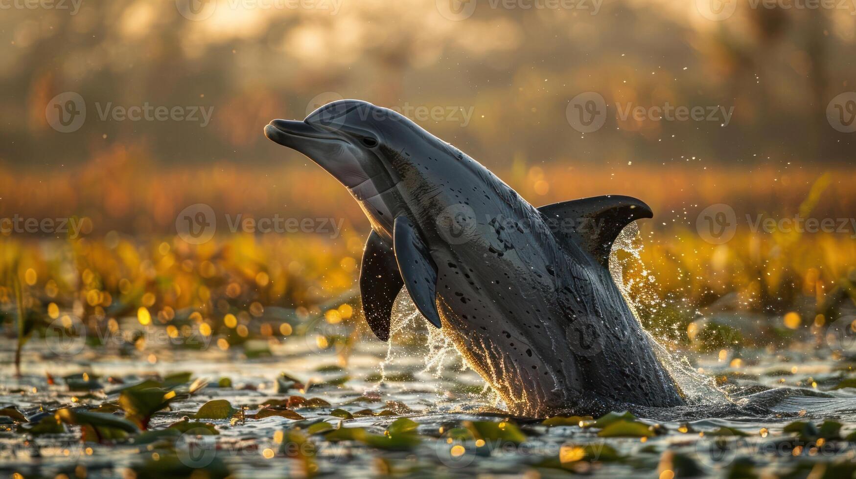 Dolphin leaping from water in a serene natural habitat during sunset with vibrant foliage photo