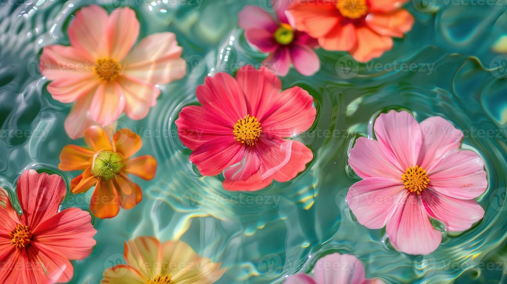 Vibrant, colorful flowers floating on a serene water surface, creating a tranquil and picturesque scene photo