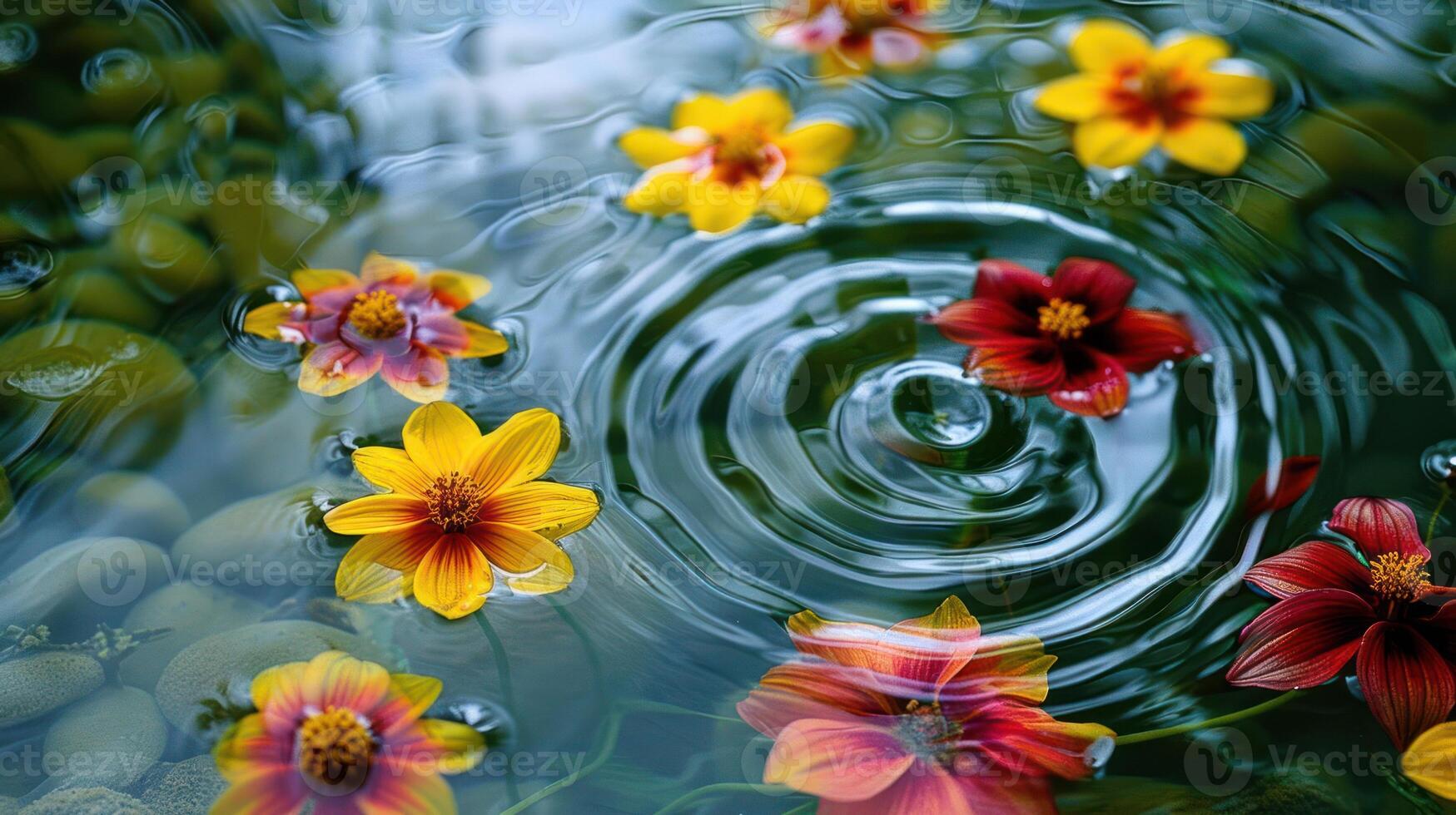 Vibrant flowers floating on a serene water surface with ripples, surrounded by smooth stones photo