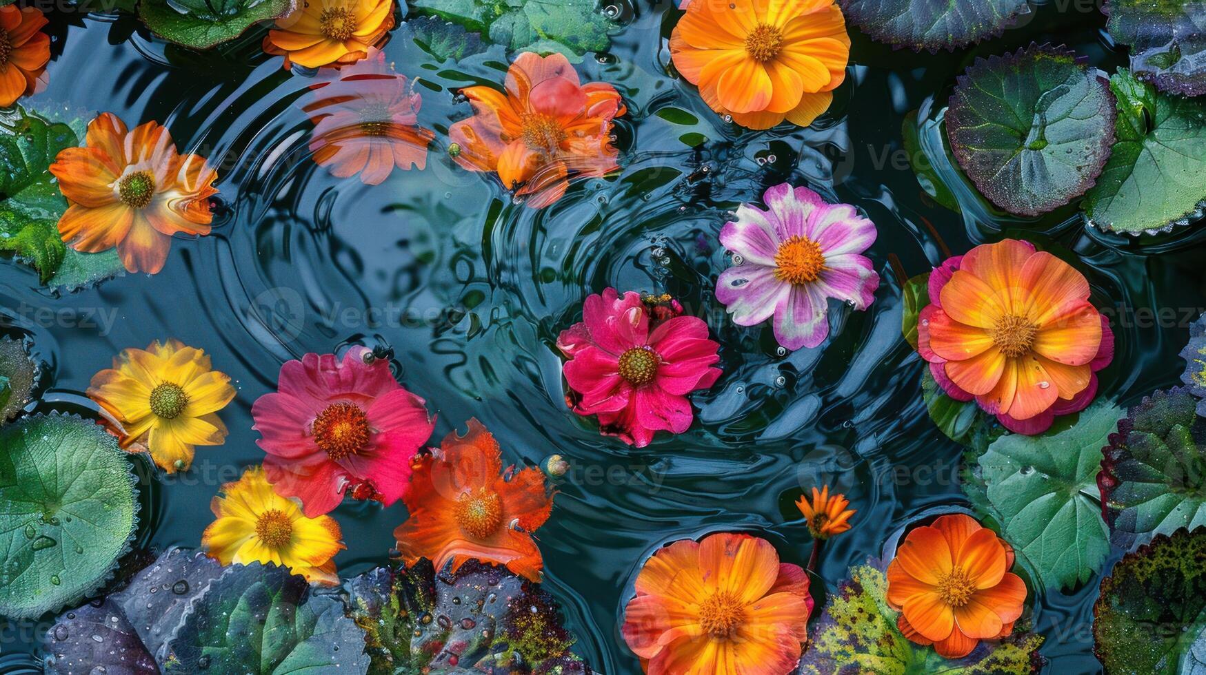 Vibrant flowers floating on water surface, creating a colorful nature scene with ripples photo