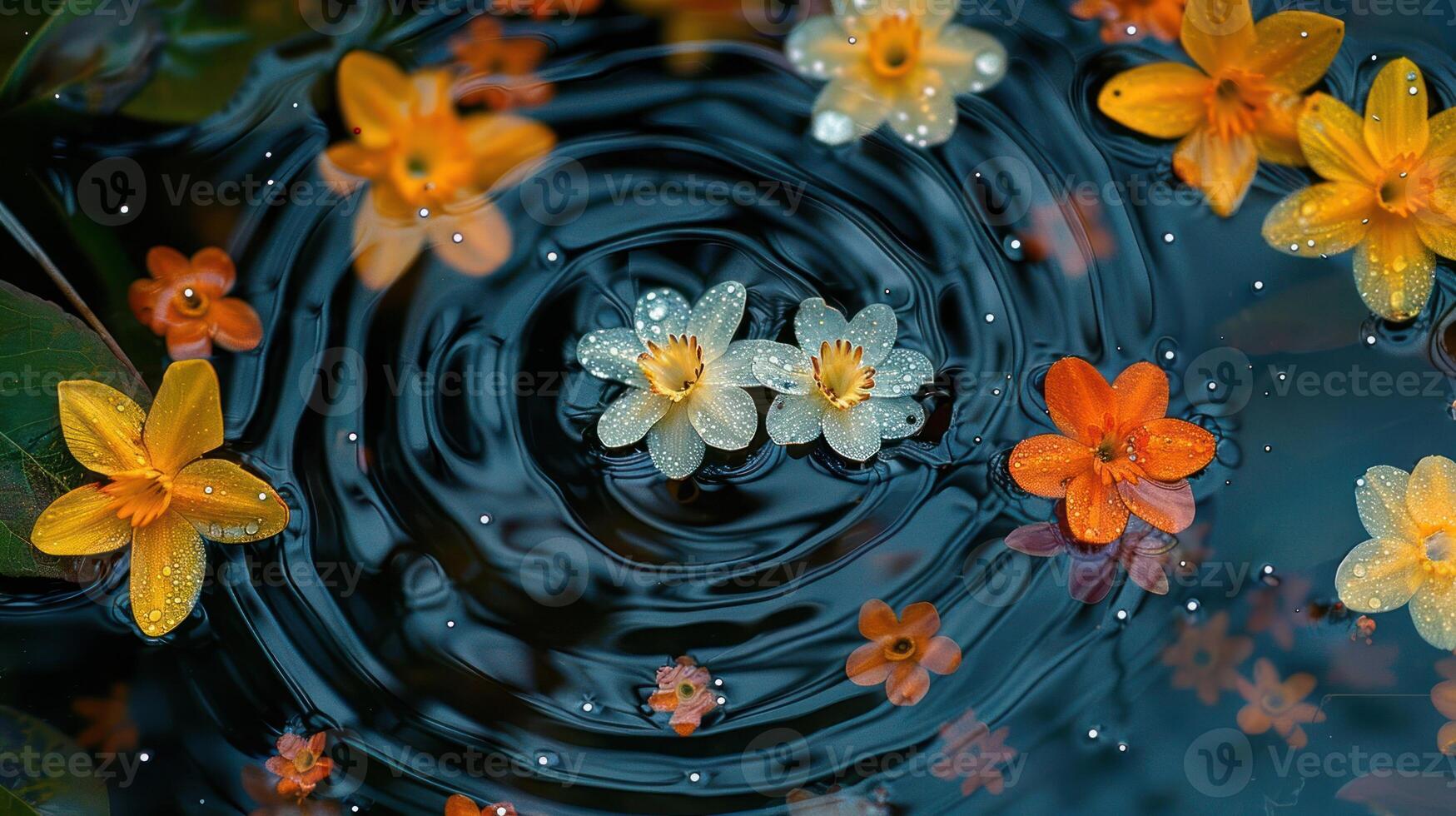 Vibrant flowers floating on tranquil water surface, surrounded by ripples and droplets in nature photo