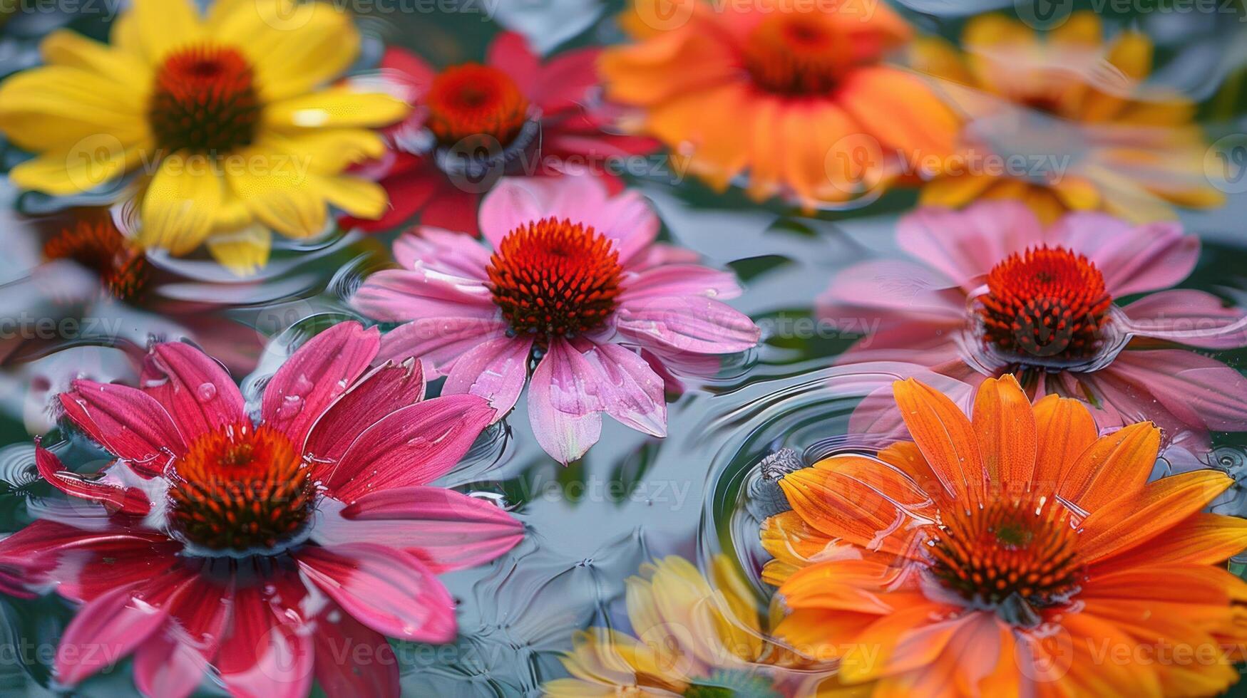 Vibrant flowers in various colors floating on a serene water surface with gentle ripples photo