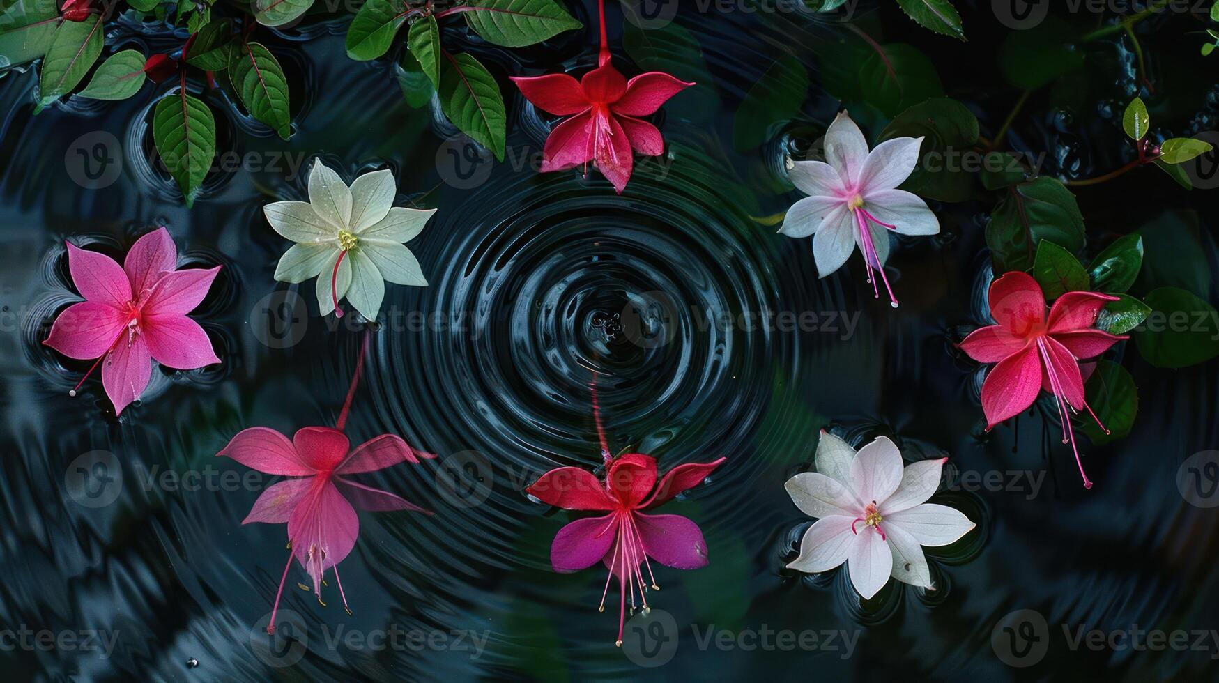 Colorful flowers floating on water surface creating ripples, surrounded by green leaves in a serene setting photo
