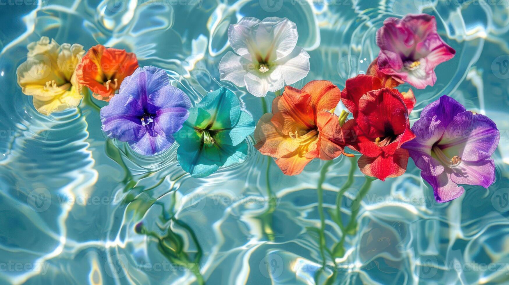 Colorful flowers floating serenely on the water surface, creating a vibrant and tranquil scene photo