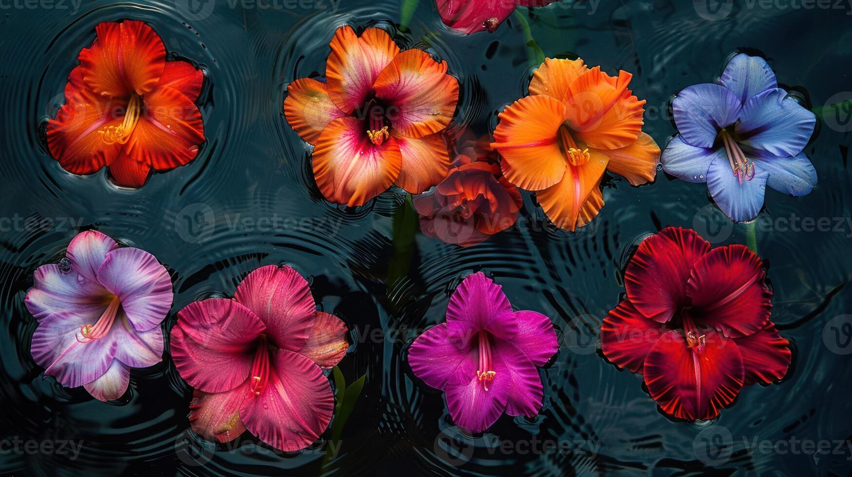 Vibrant collection of blooming flowers floating on a tranquil water surface, surrounded by ripples photo