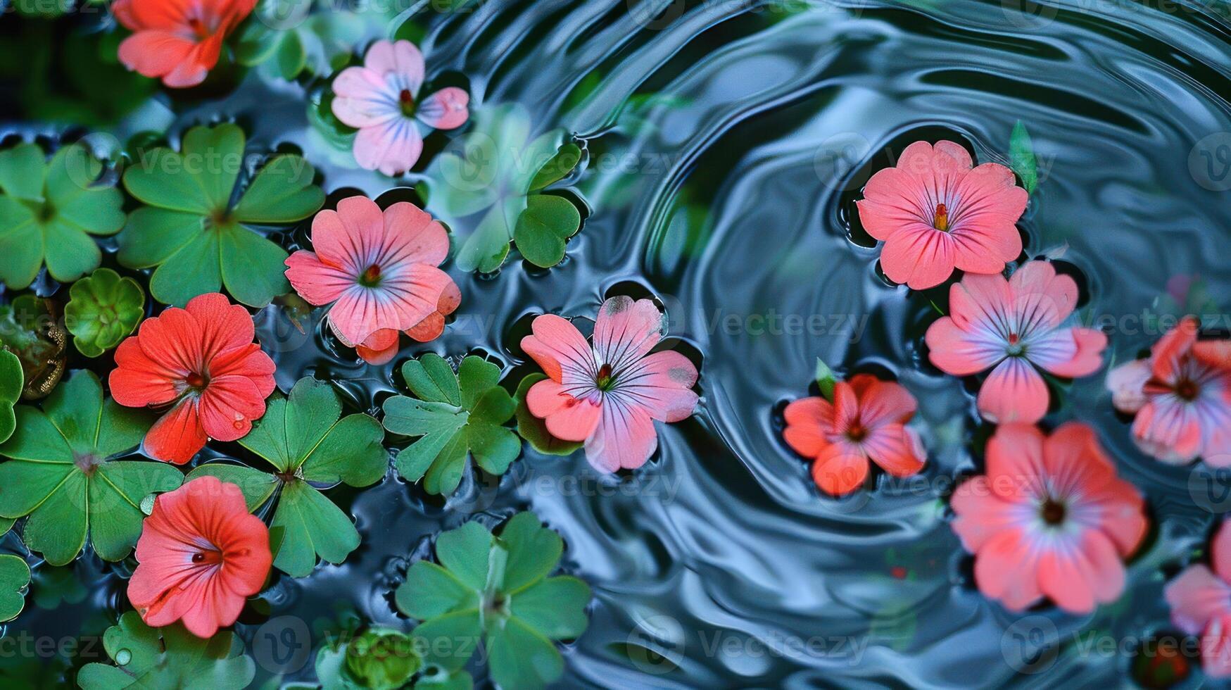 Vibrant red and pink flowers floating on tranquil water with lush green leaves surrounding them photo