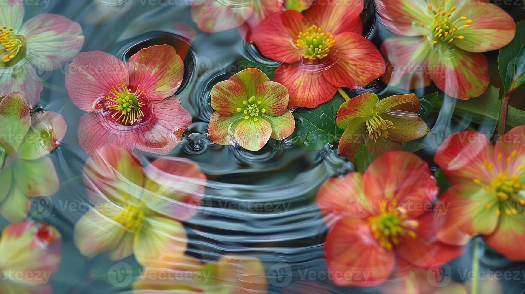 Vibrant water lilies and blossoms floating on a tranquil pond, ripples creating a serene atmosphere photo