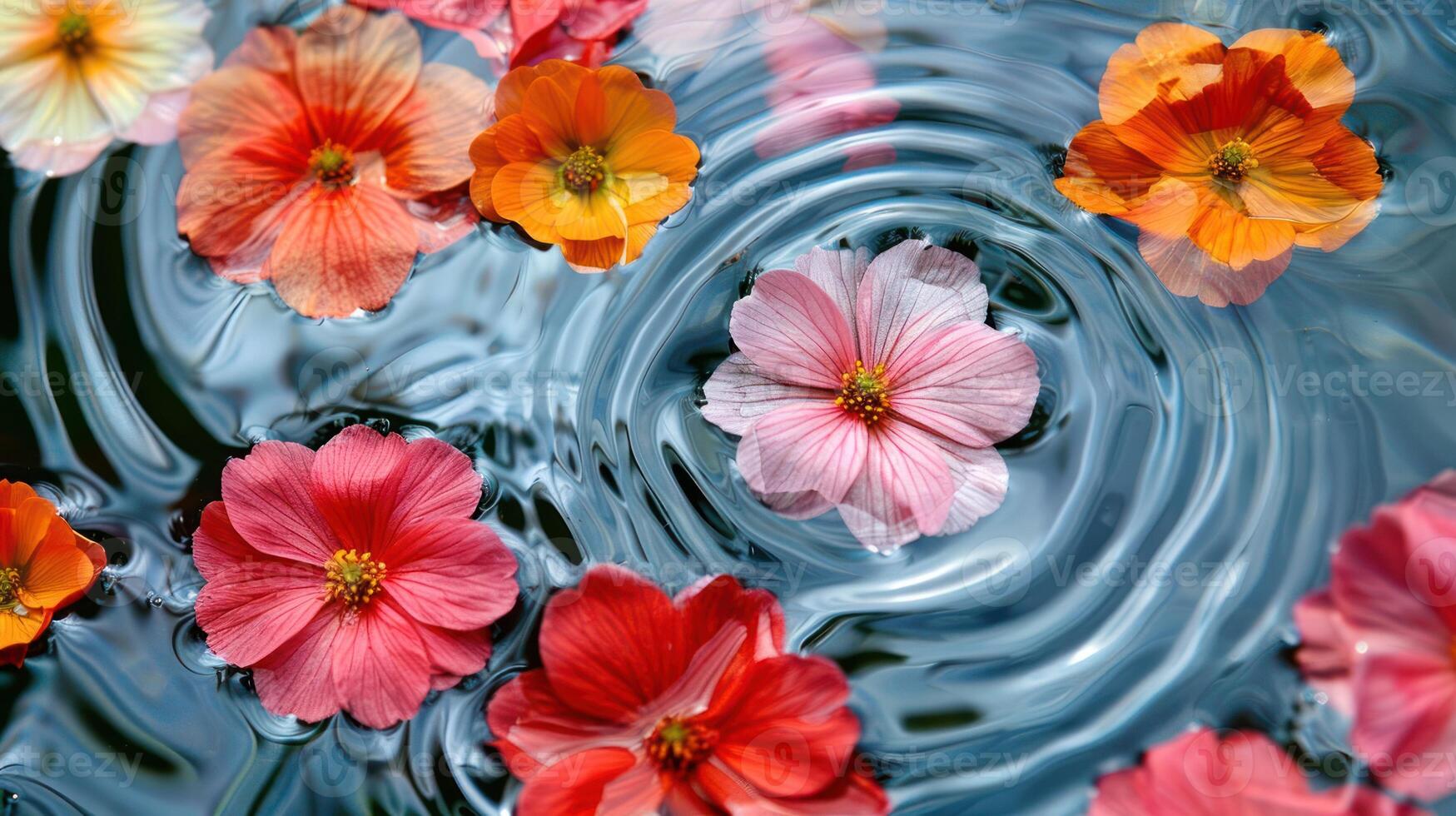 Colorful flowers floating on water surface, creating ripples, in a serene natural setting photo