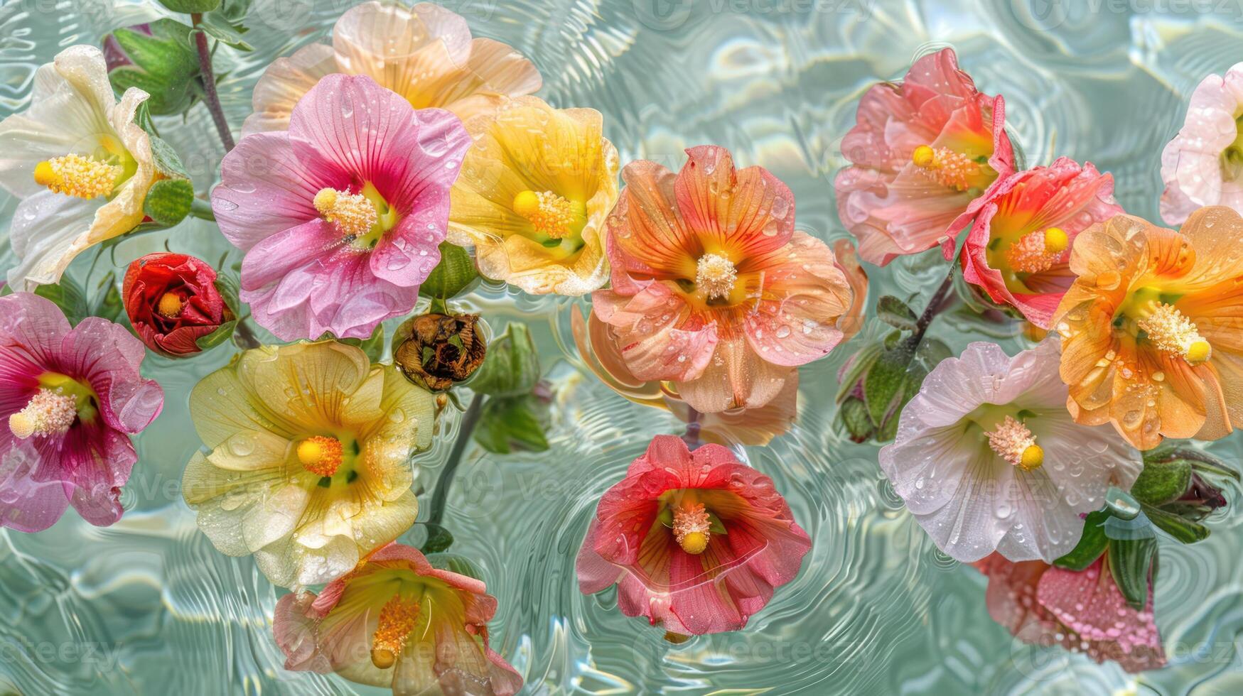 Vibrant assortment of colorful flowers floating on water, creating a serene and refreshing atmosphere photo