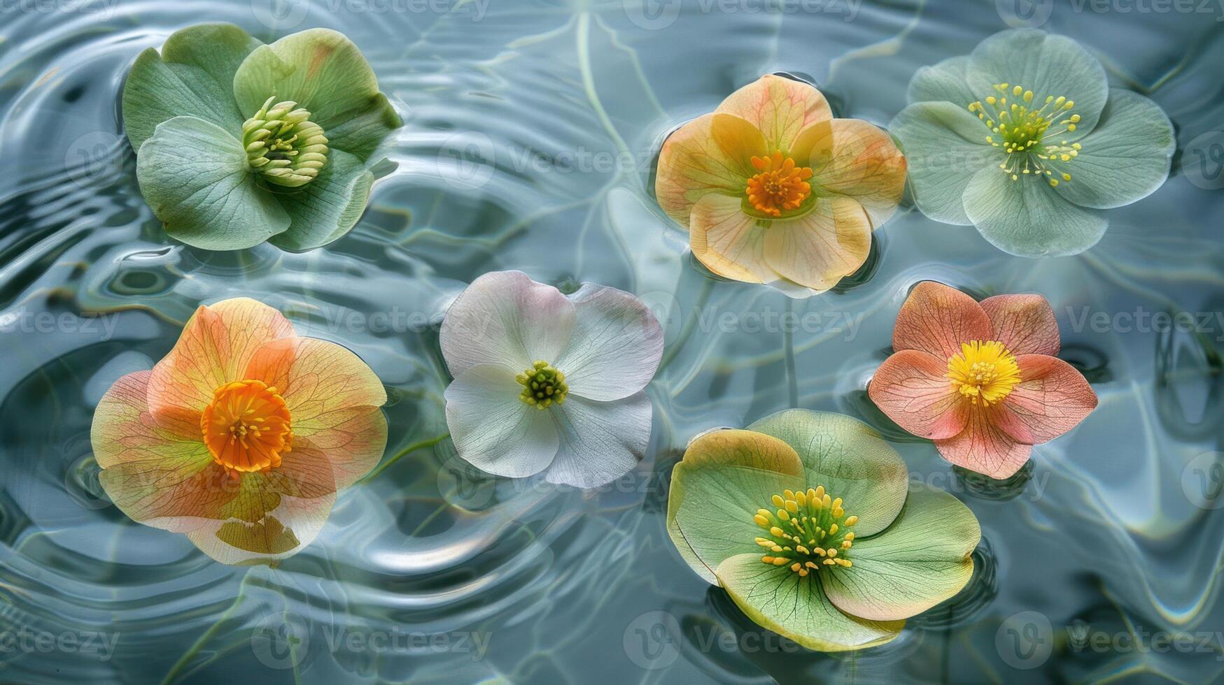 Colorful flowers floating on water surface, creating a serene atmosphere with gentle ripples photo